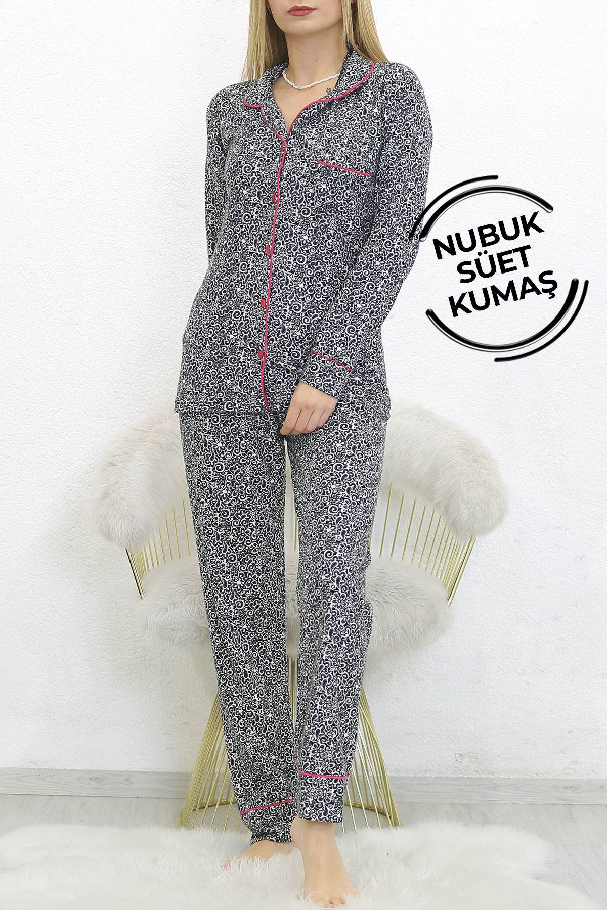 Nubuk Süet Pijama Takımı Siyahfuşya2 - 8529.1048.