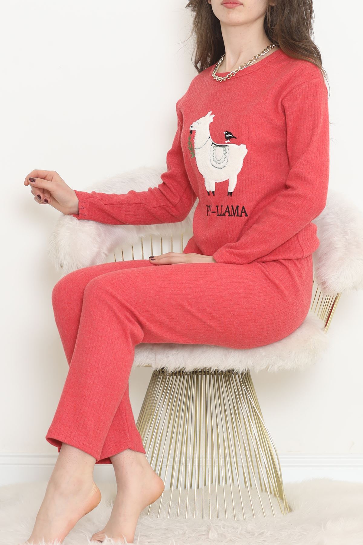 Nakışlı Fitilli Pijama Takımı Kırmızıbeyaz - 12519.1048.