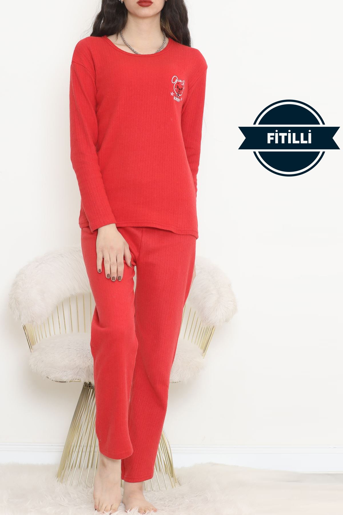 Nakışlı Fitilli Pijama Takımı Kırmızıbeyaz2 - 12519.1048.