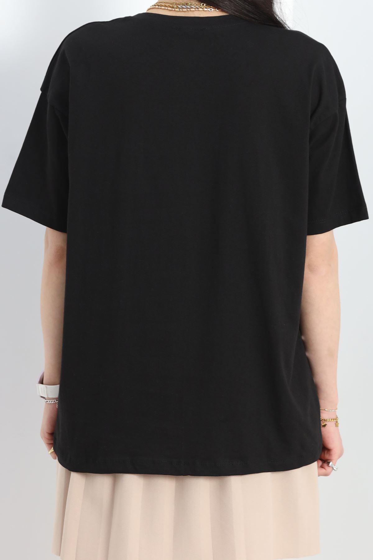 Baskılı Oversize Tişört Siyah - 16502.1567.