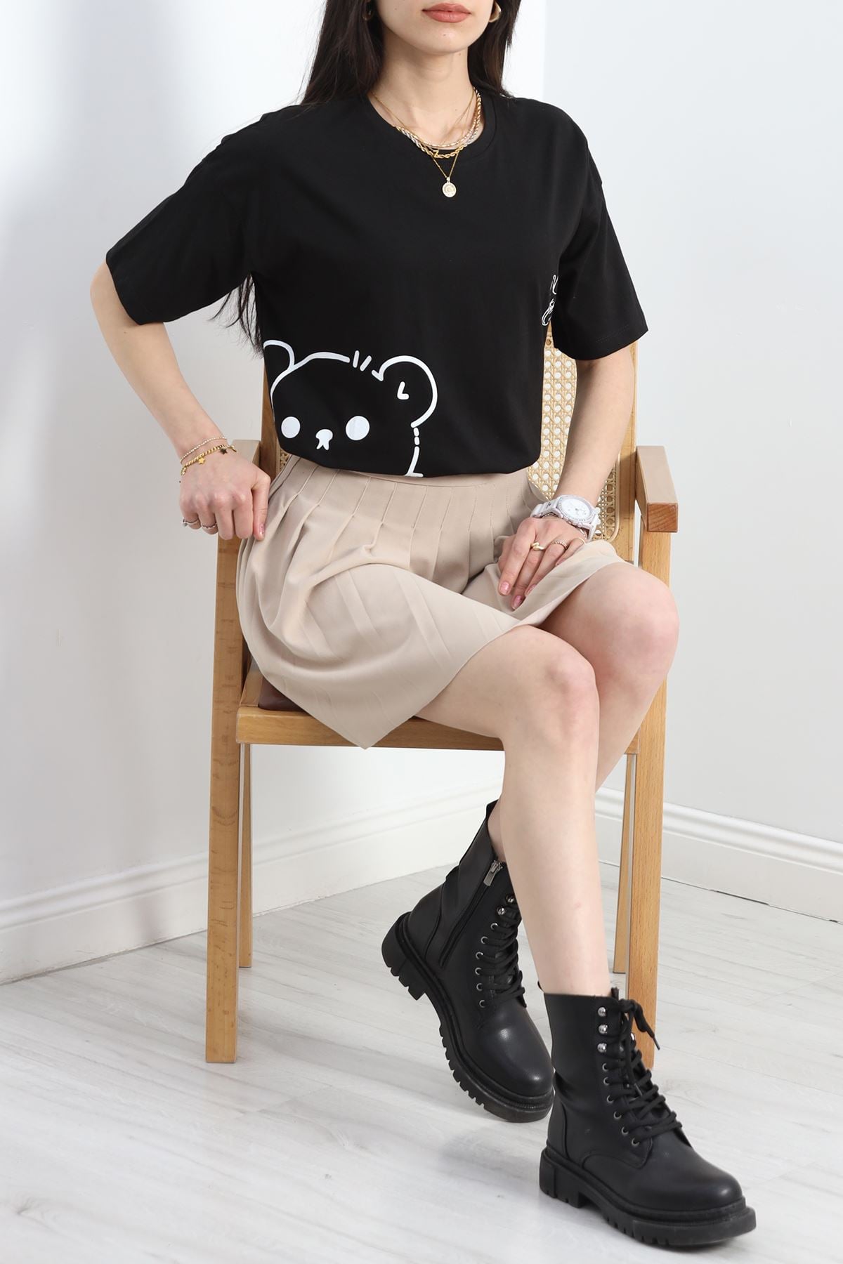 Baskılı Oversize Tişört Siyah - 16502.1567.