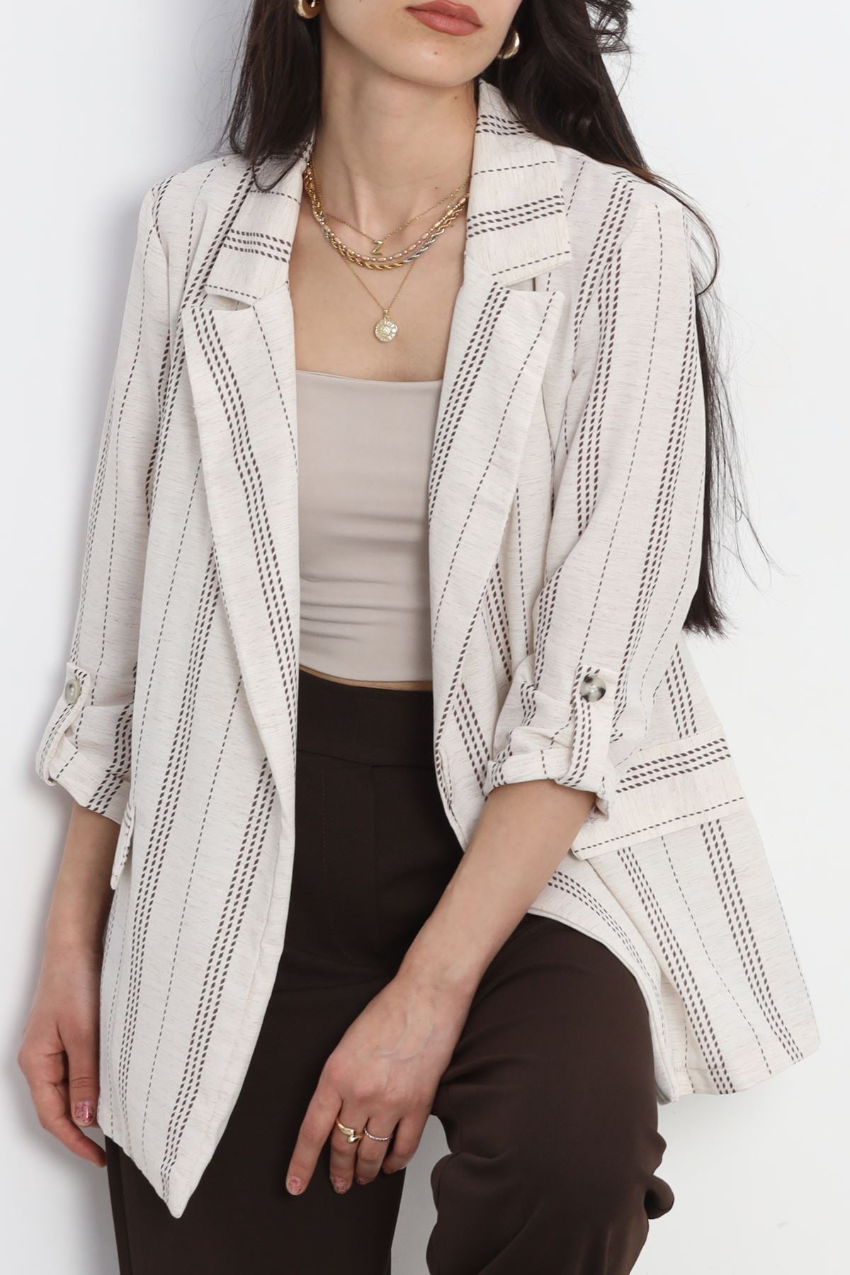 Keten Çizgili Ceket Ekrukahve - 1024.1247.