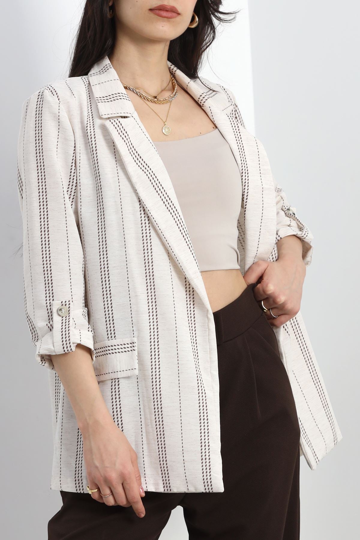 Keten Çizgili Ceket Ekrukahve - 1024.1247.