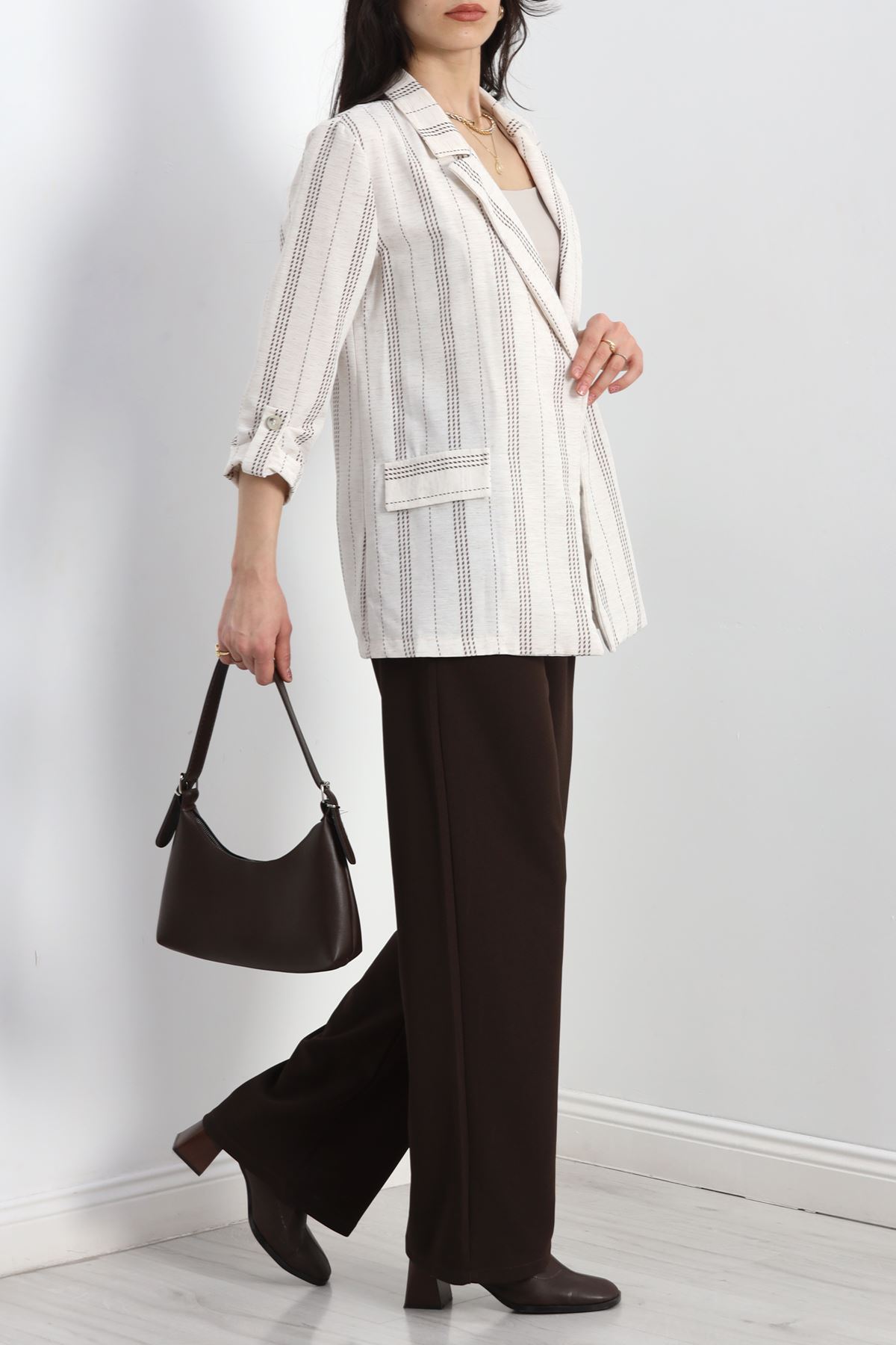 Keten Çizgili Ceket Ekrukahve - 1024.1247.