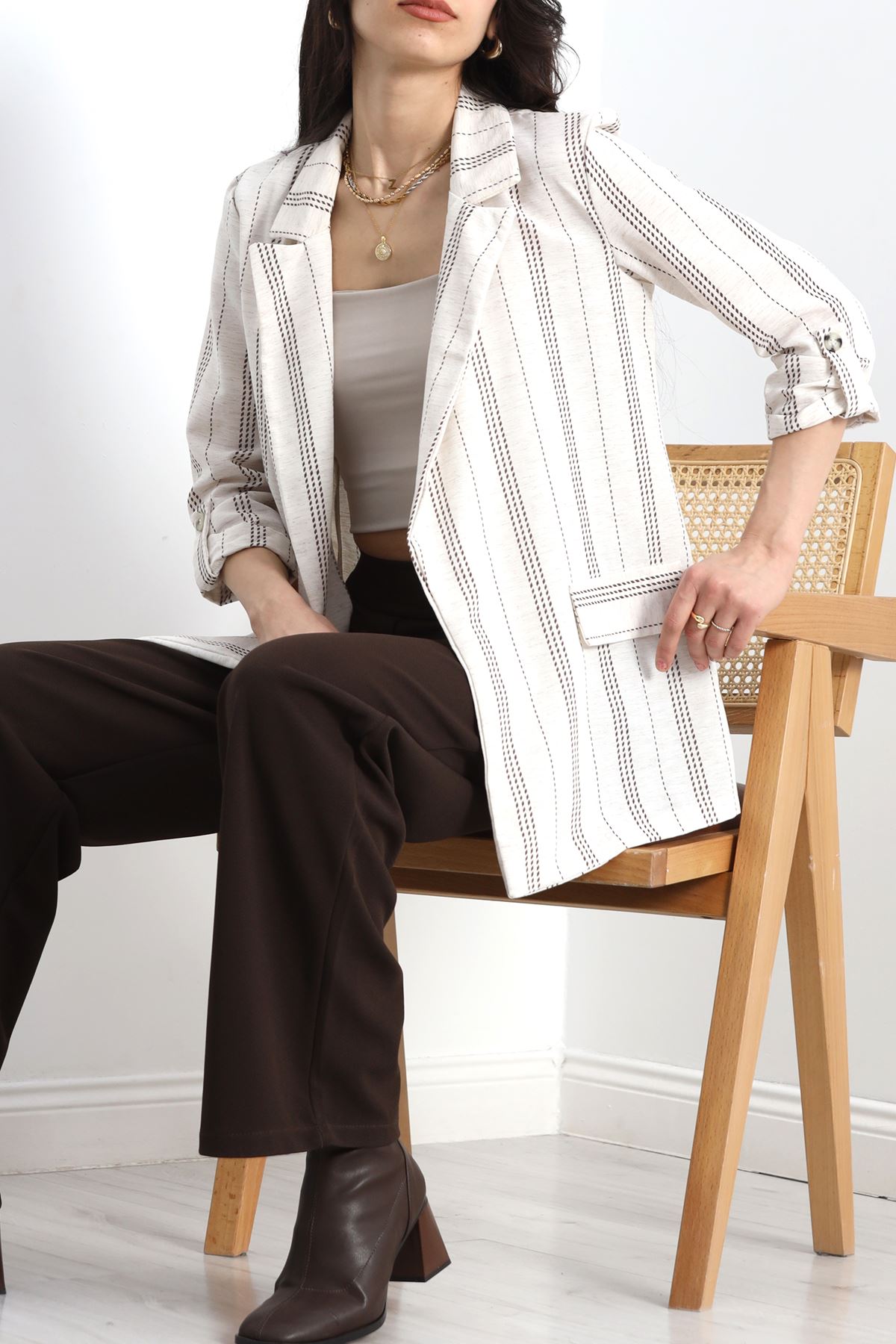 Keten Çizgili Ceket Ekrukahve - 1024.1247.