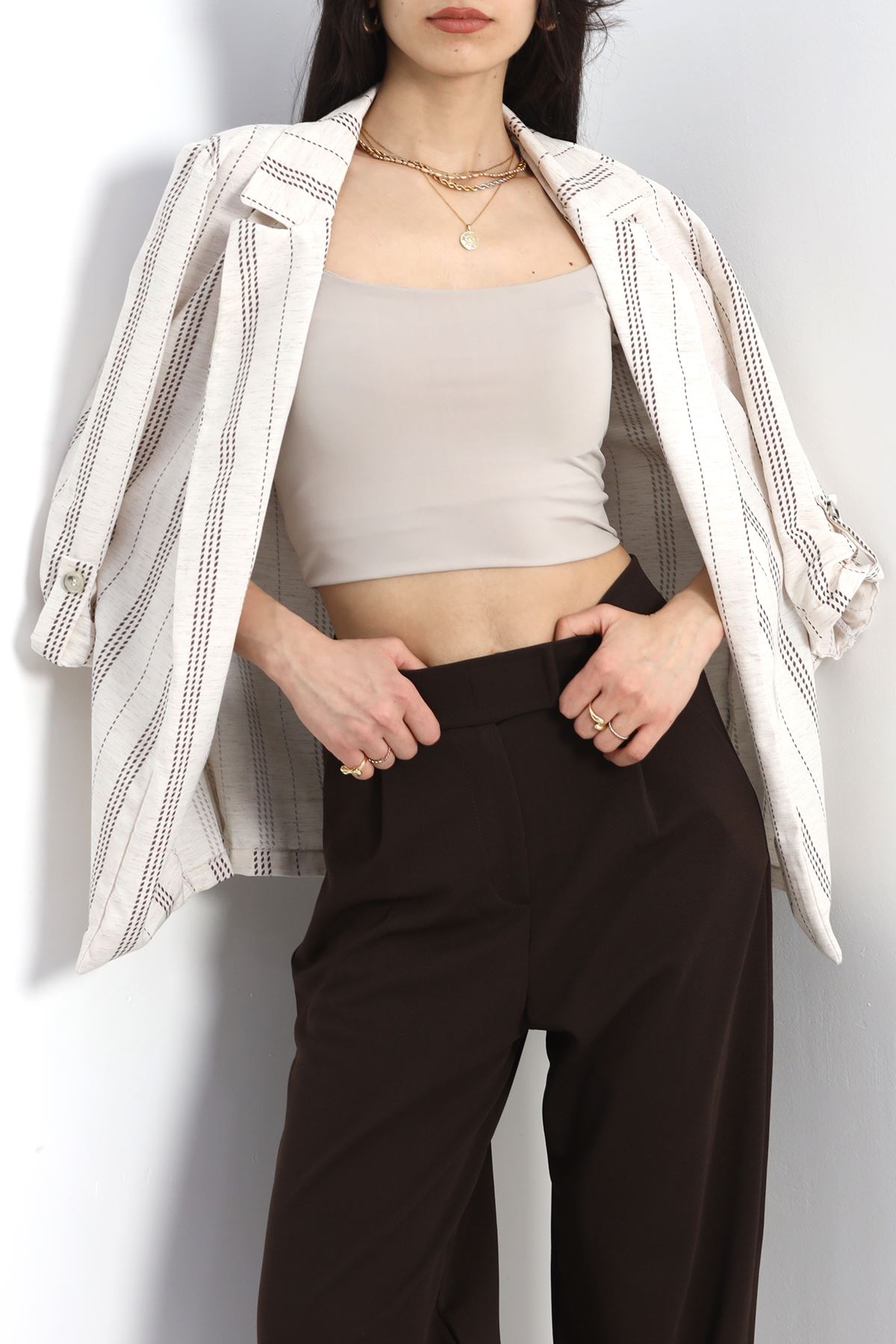 Keten Çizgili Ceket Ekrukahve - 1024.1247.