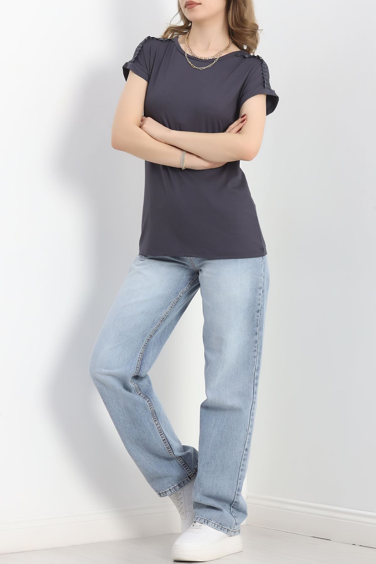 Omuz Dantelli Bluz Füme - 20766.599.