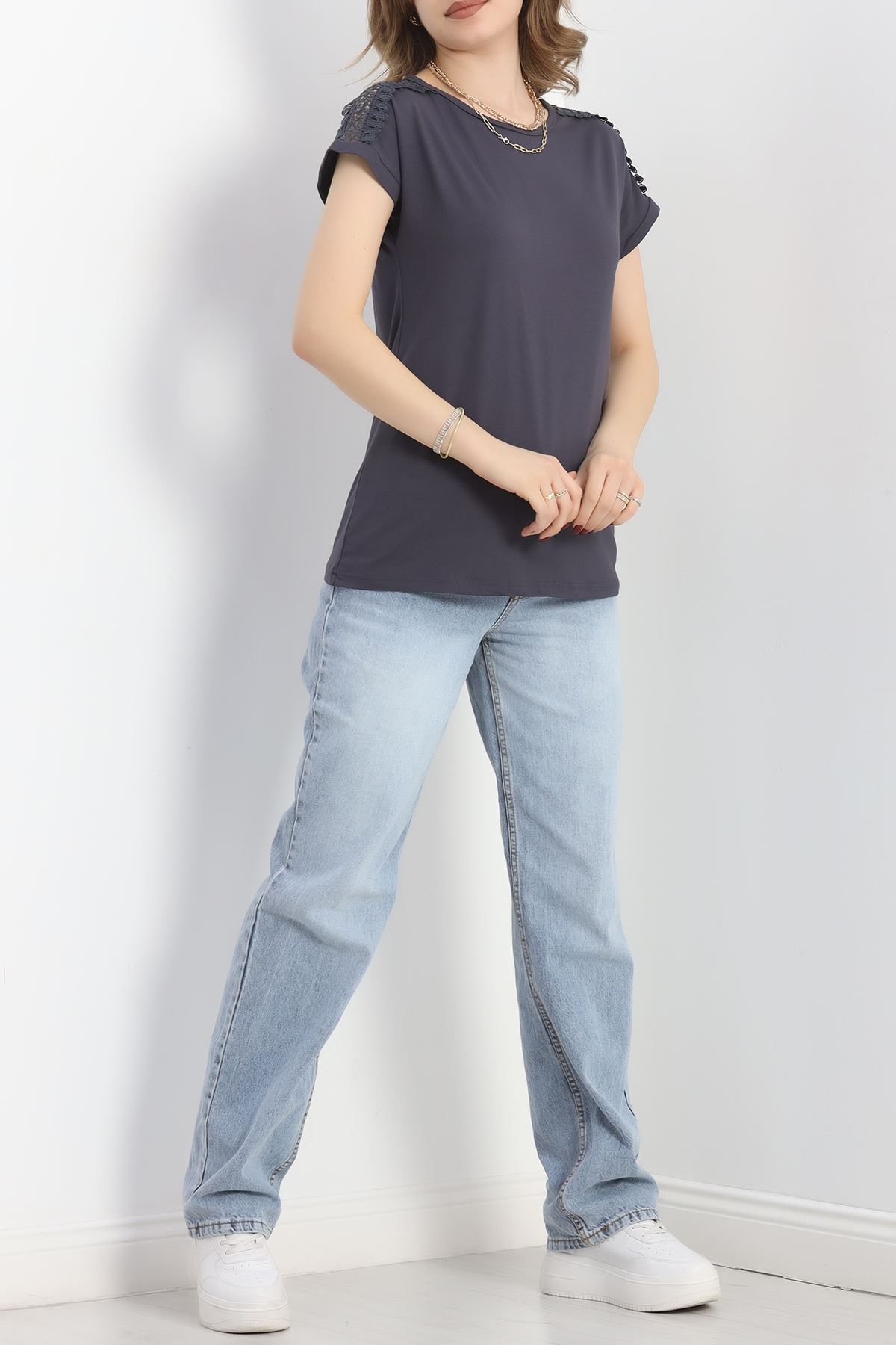 Omuz Dantelli Bluz Füme - 20766.599.