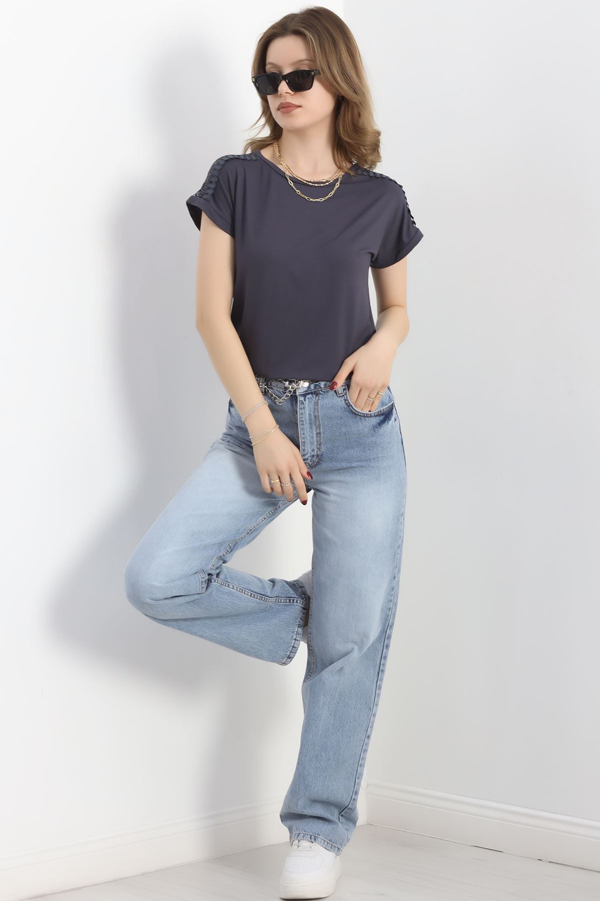 Omuz Dantelli Bluz Füme - 20766.599.