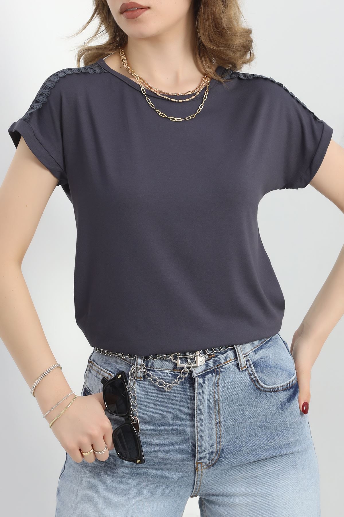 Omuz Dantelli Bluz Füme - 20766.599.