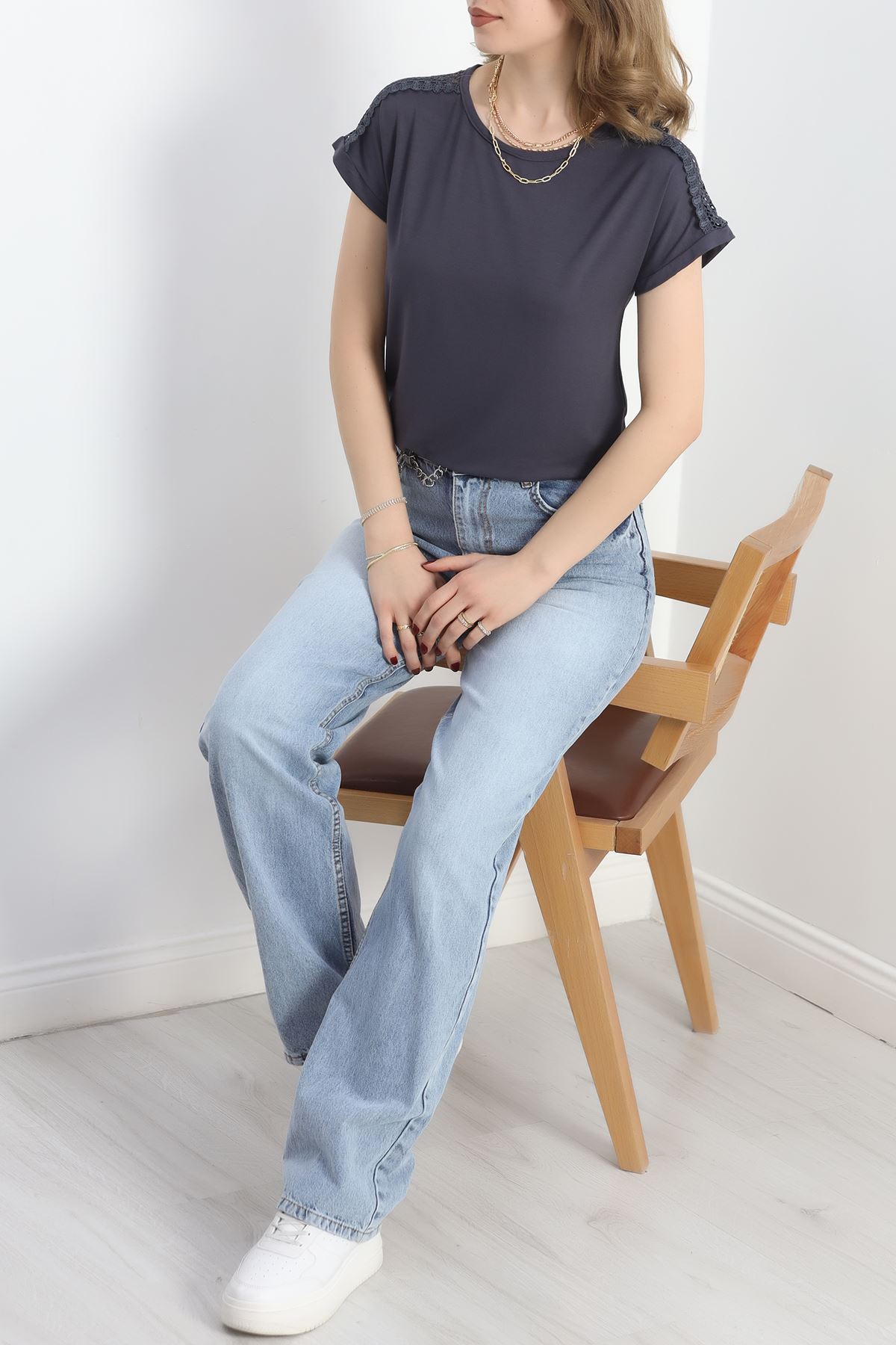 Omuz Dantelli Bluz Füme - 20766.599.