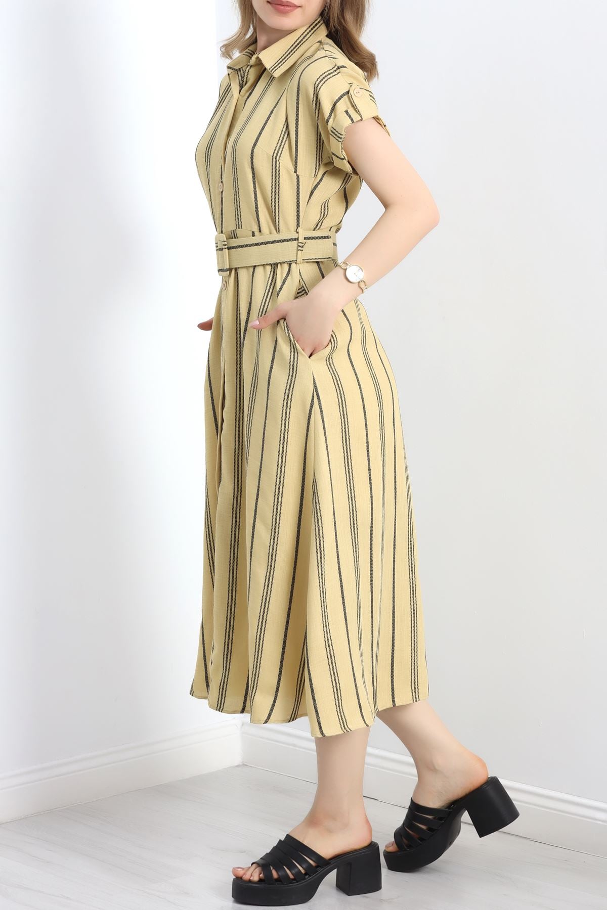 Çizgili Kemerli Elbise Camel - 19520.1775.