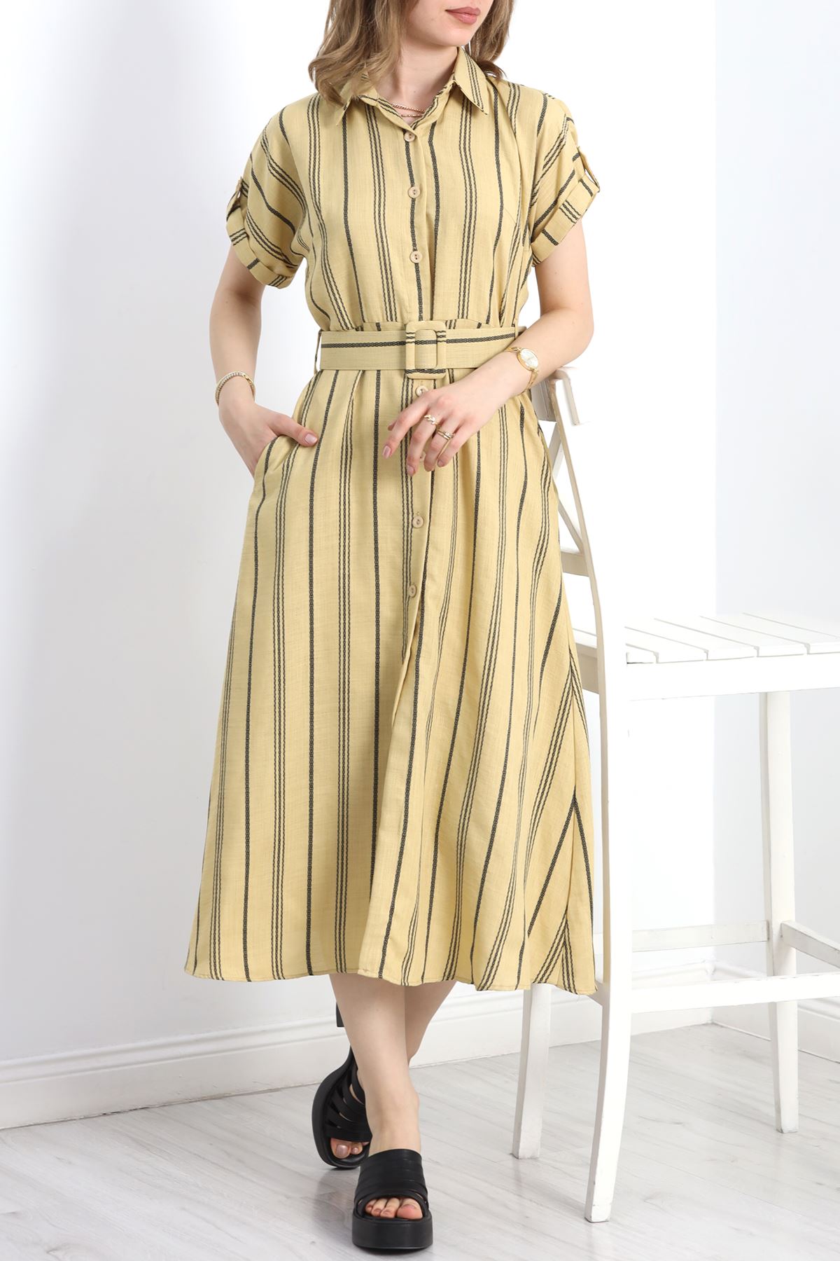 Çizgili Kemerli Elbise Camel - 19520.1775.