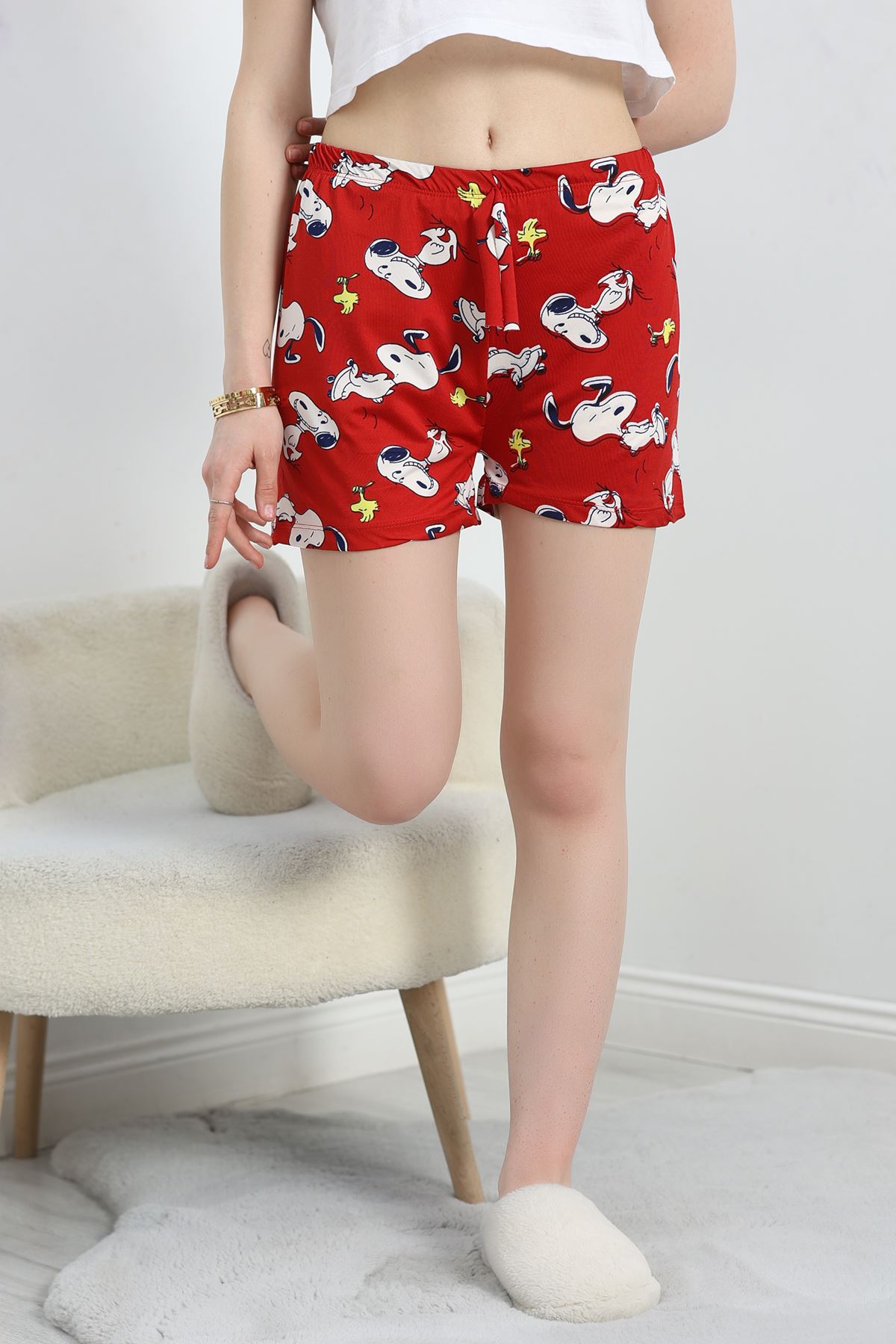 Desenli Milan Kumaş Pijama Şort Bordobeyaz - 60241.1878.