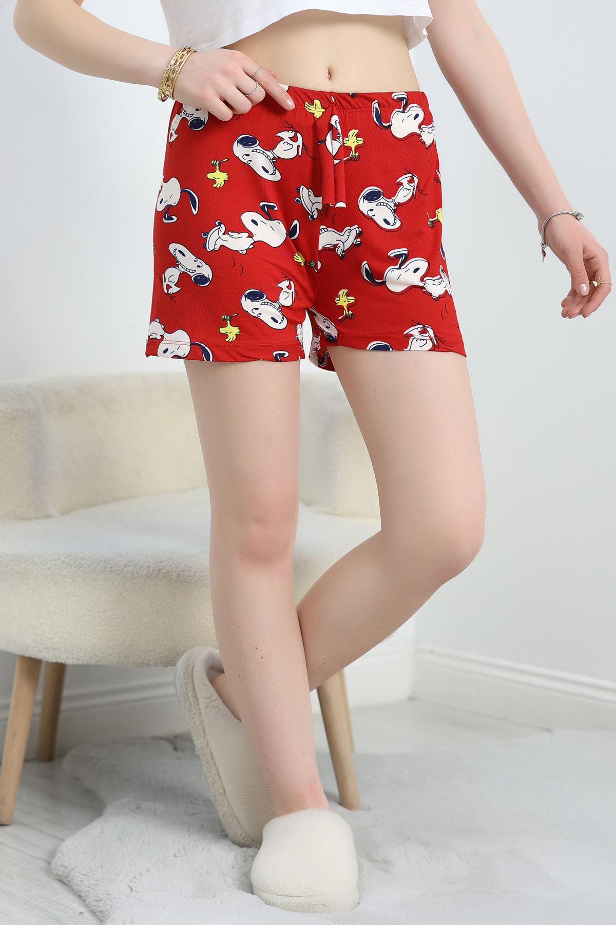 Desenli Milan Kumaş Pijama Şort Bordobeyaz - 60241.1878.