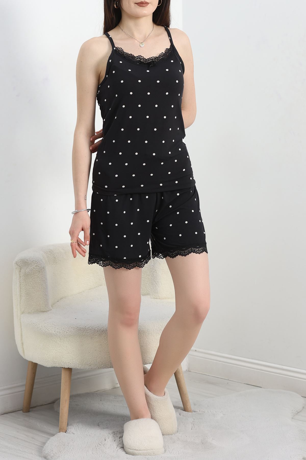 Milan İp Askılı Dantelli Şort Takım Siyahbenekli - 765.1287.