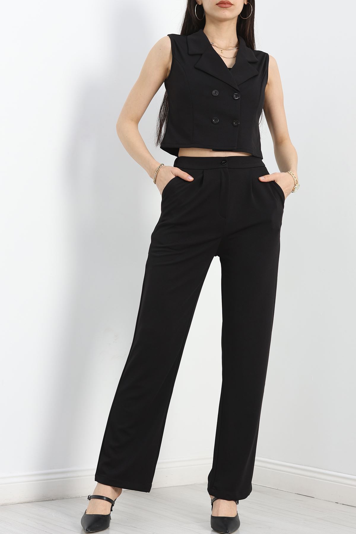 Kruvaze Yaka Yelek Takım Siyah - 40218.308.