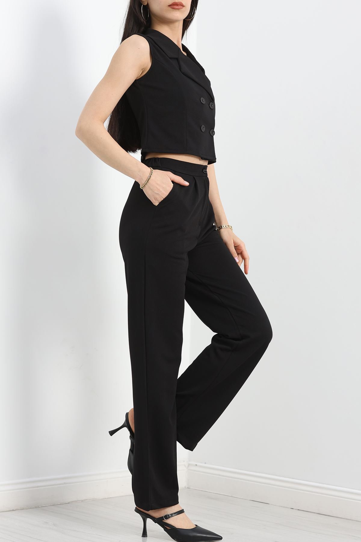 Kruvaze Yaka Yelek Takım Siyah - 40218.308.