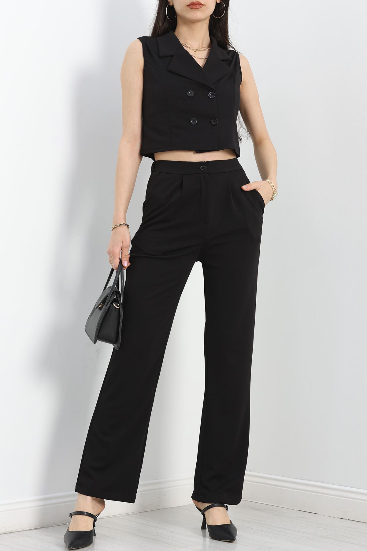 Kruvaze Yaka Yelek Takım Siyah - 40218.308.