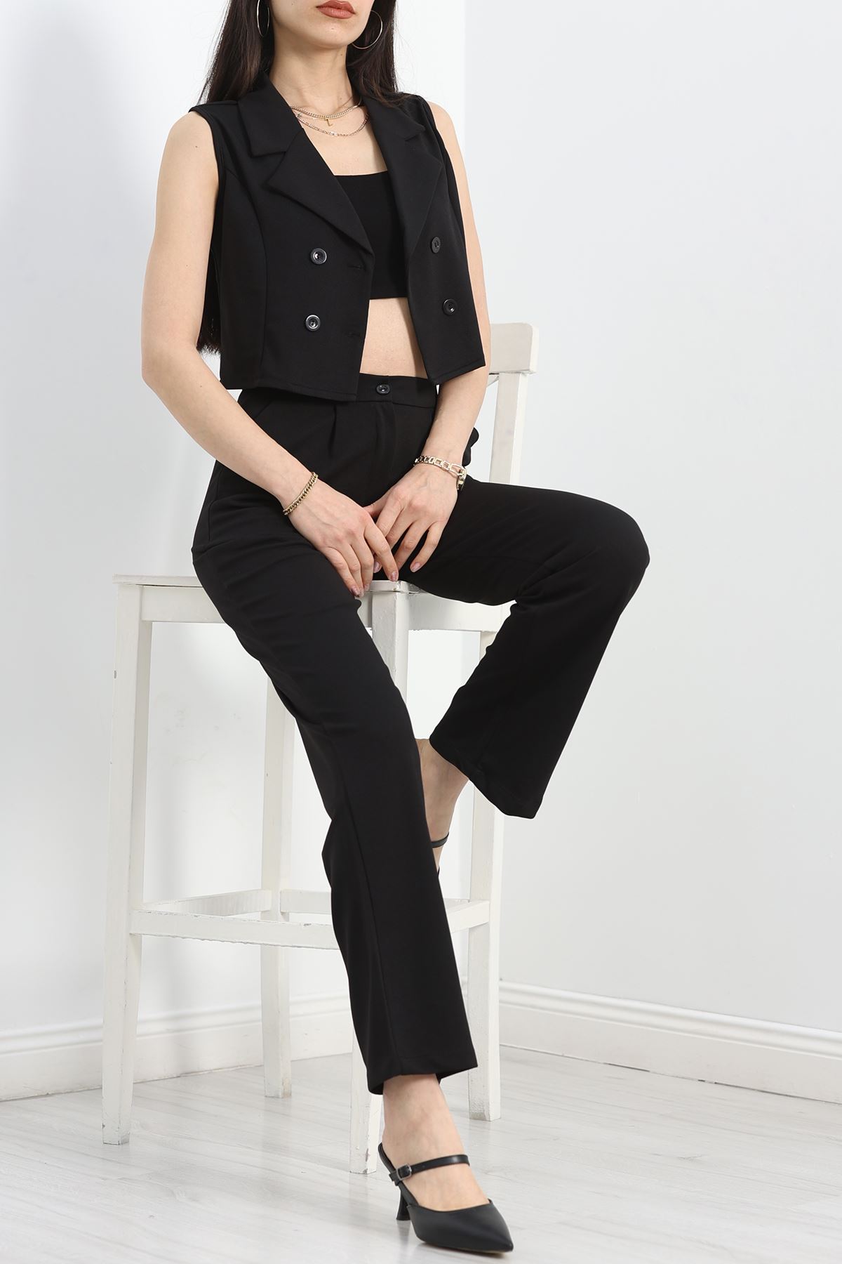 Kruvaze Yaka Yelek Takım Siyah - 40218.308.