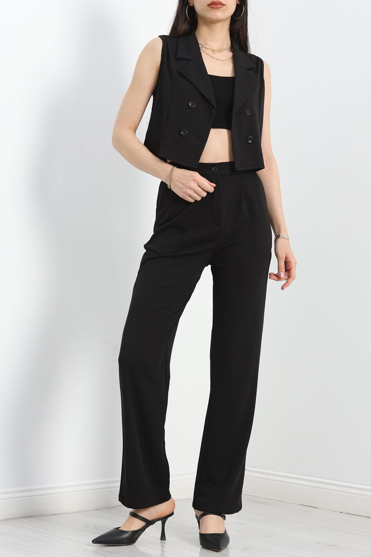 Kruvaze Yaka Yelek Takım Siyah - 40218.308.