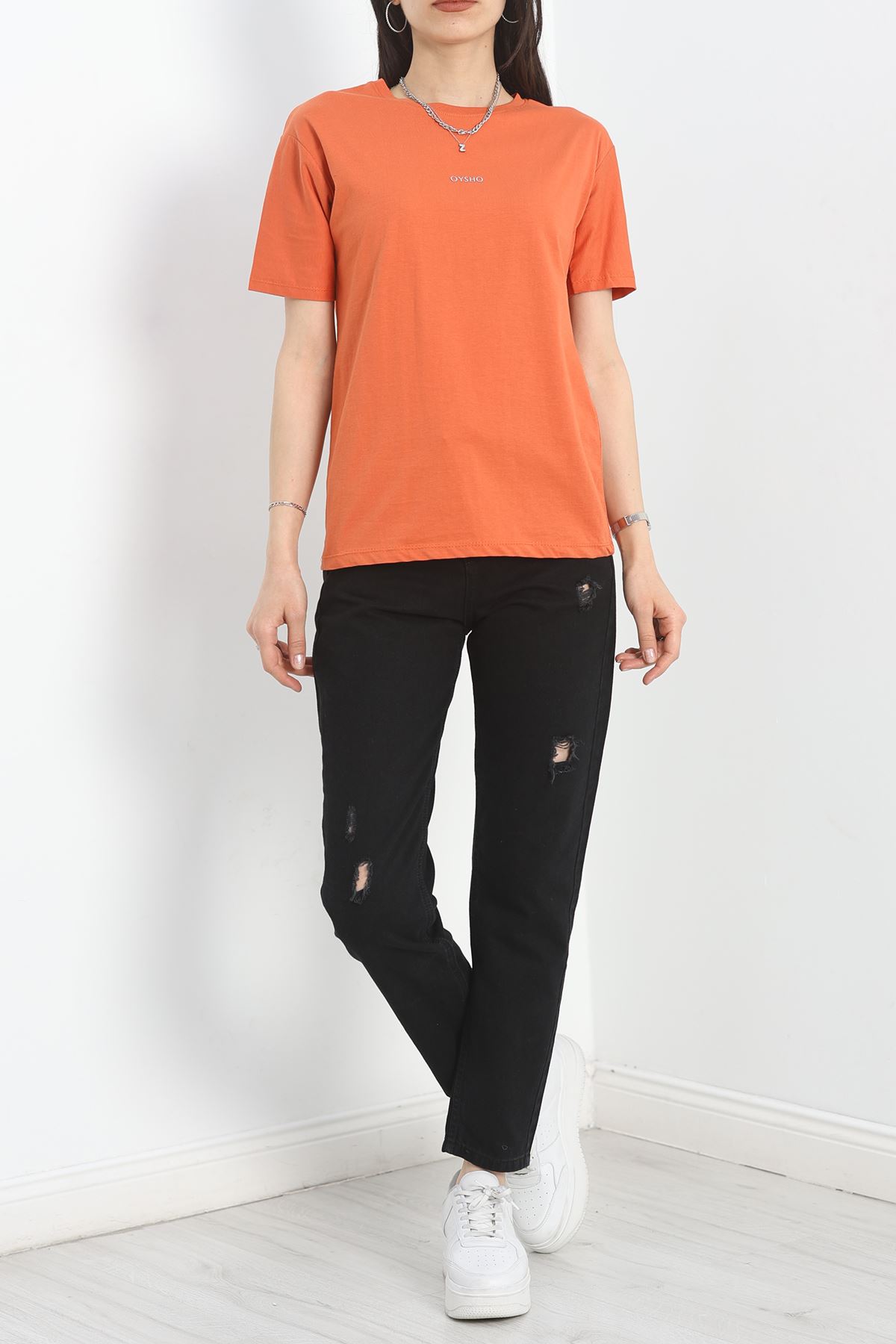 Baskılı Bisiklet Yaka Lüks Penye Tişört Kiremit - 60242.1878.