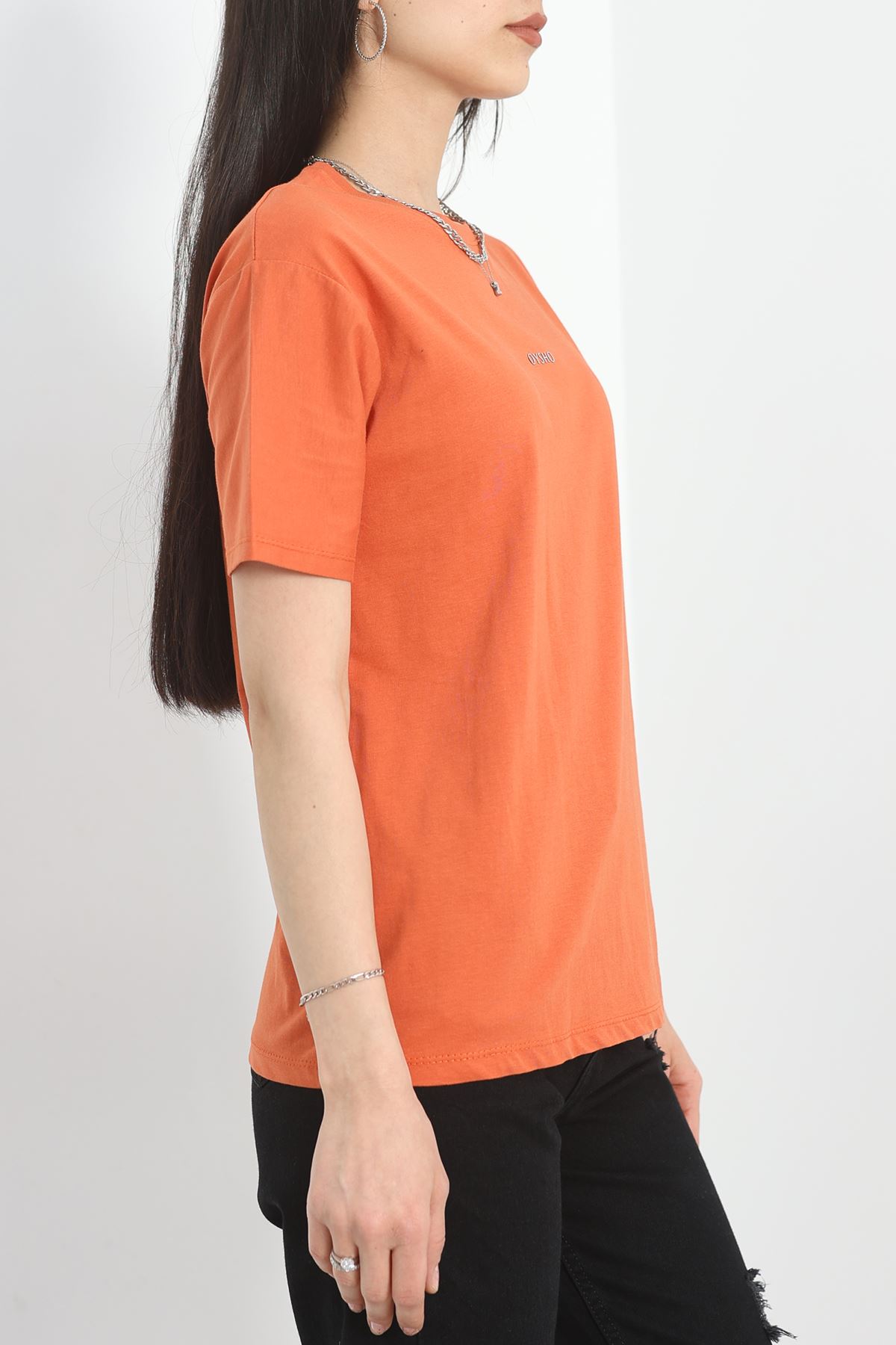 Baskılı Bisiklet Yaka Lüks Penye Tişört Kiremit - 60242.1878.