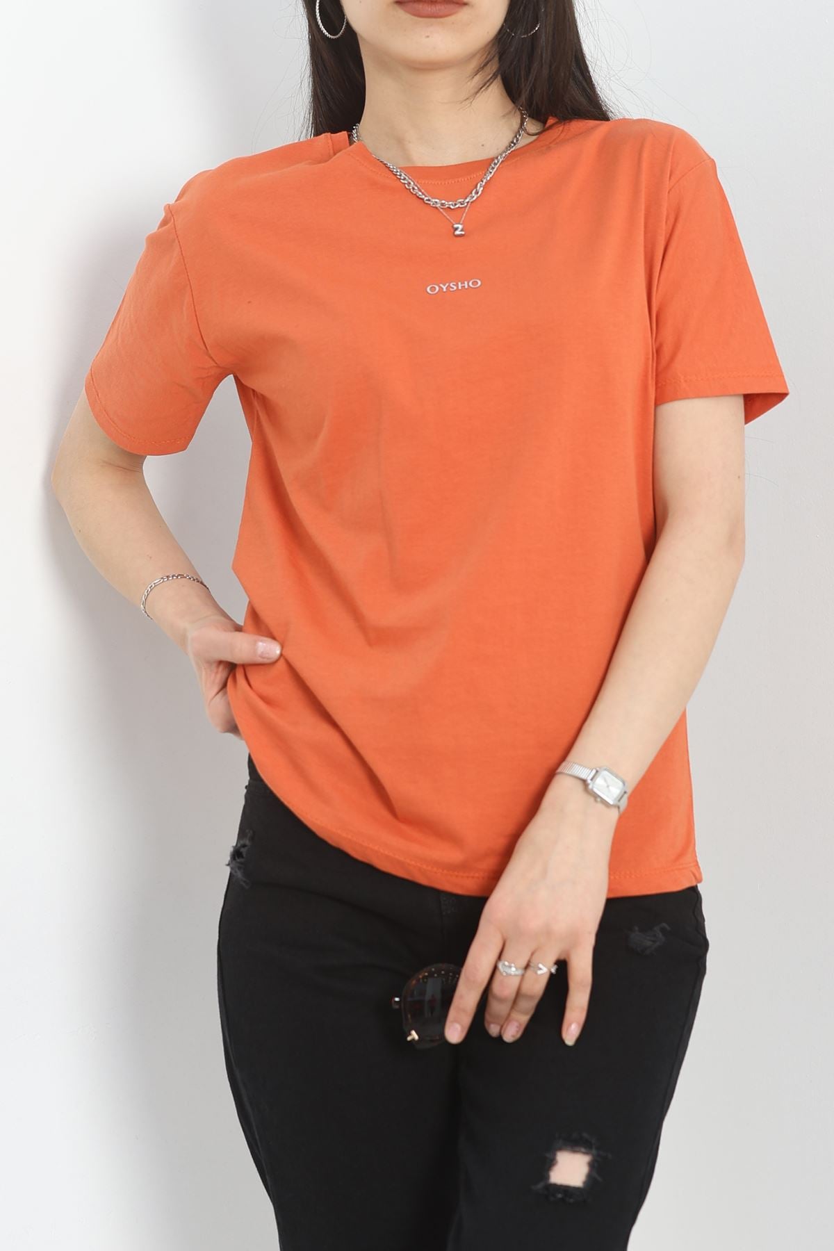 Baskılı Bisiklet Yaka Lüks Penye Tişört Kiremit - 60242.1878.