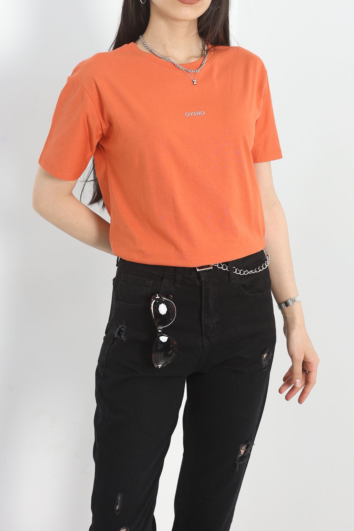 Baskılı Bisiklet Yaka Lüks Penye Tişört Kiremit - 60242.1878.