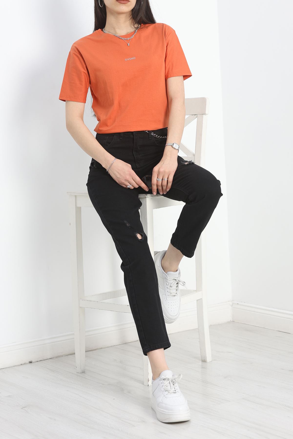 Baskılı Bisiklet Yaka Lüks Penye Tişört Kiremit - 60242.1878.