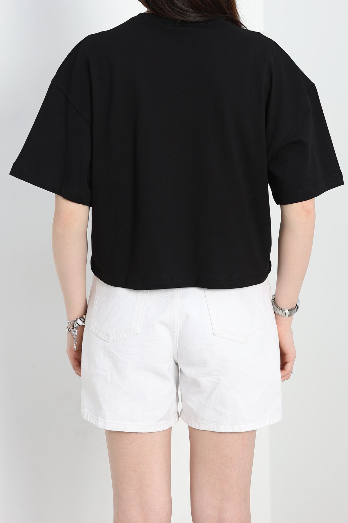 Baskılı Oversize Crop Tişört Siyahbeyaz - 30391.1872.