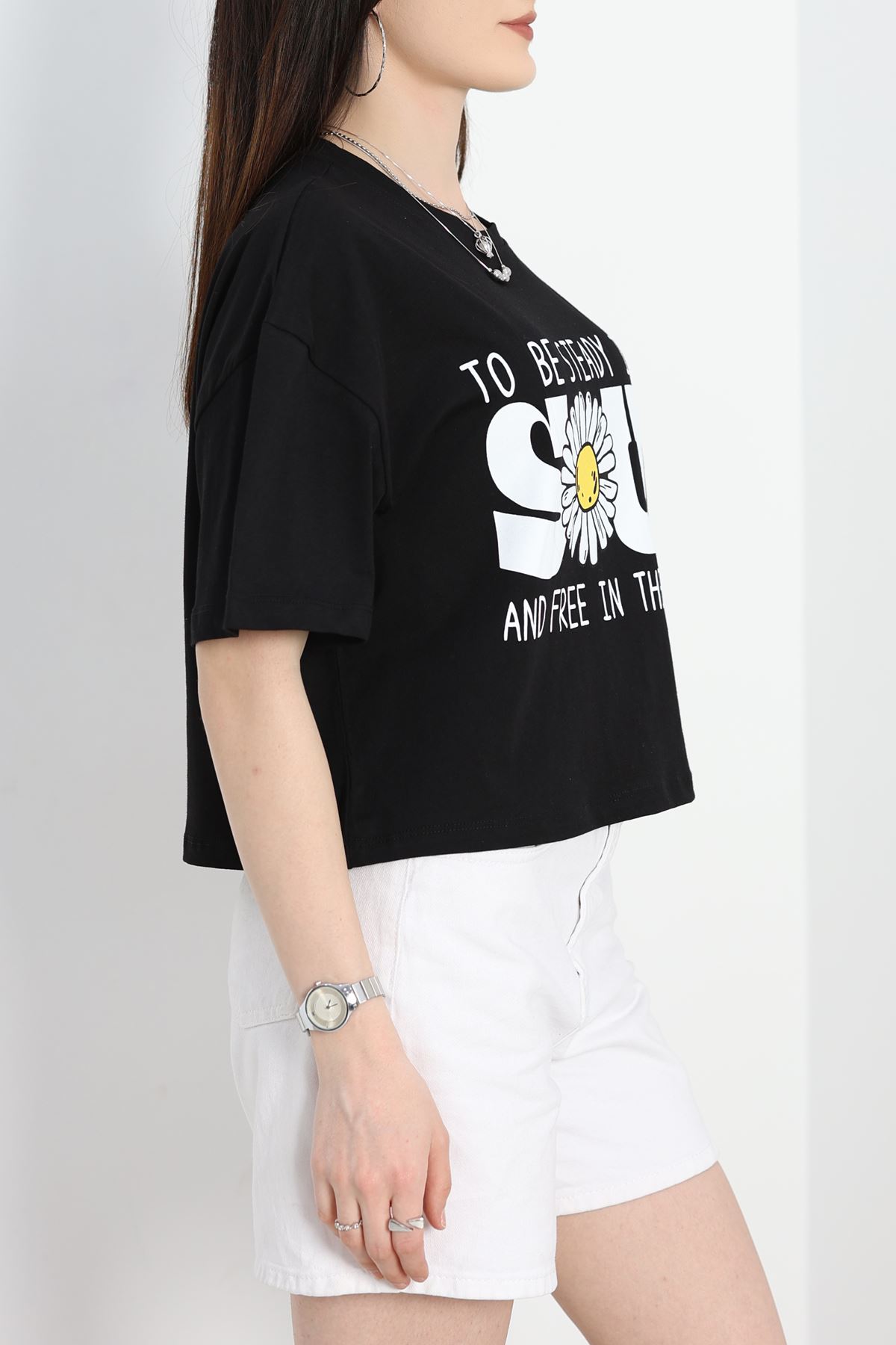 Baskılı Oversize Crop Tişört Siyahbeyaz - 30391.1872.