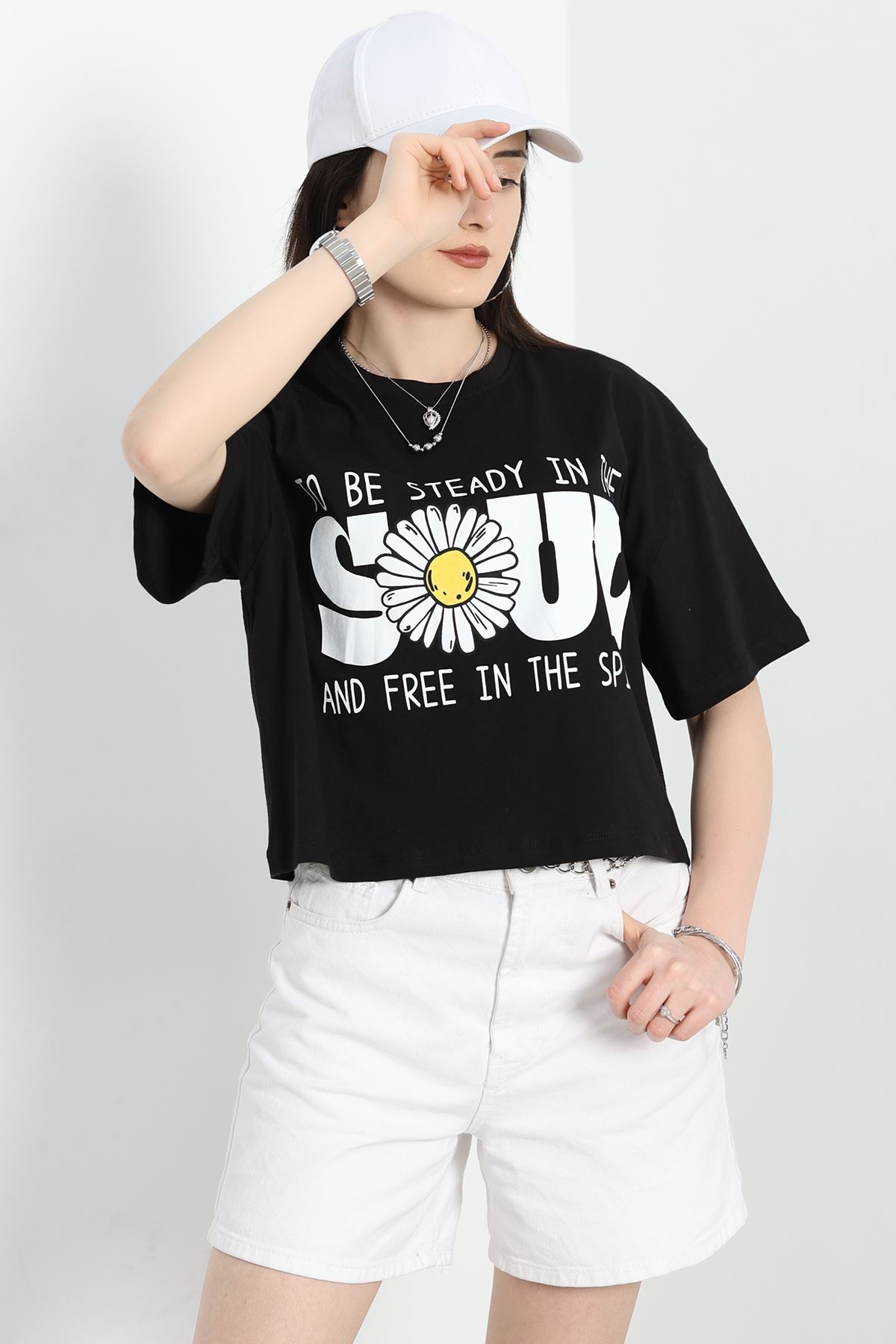 Baskılı Oversize Crop Tişört Siyahbeyaz - 30391.1872.