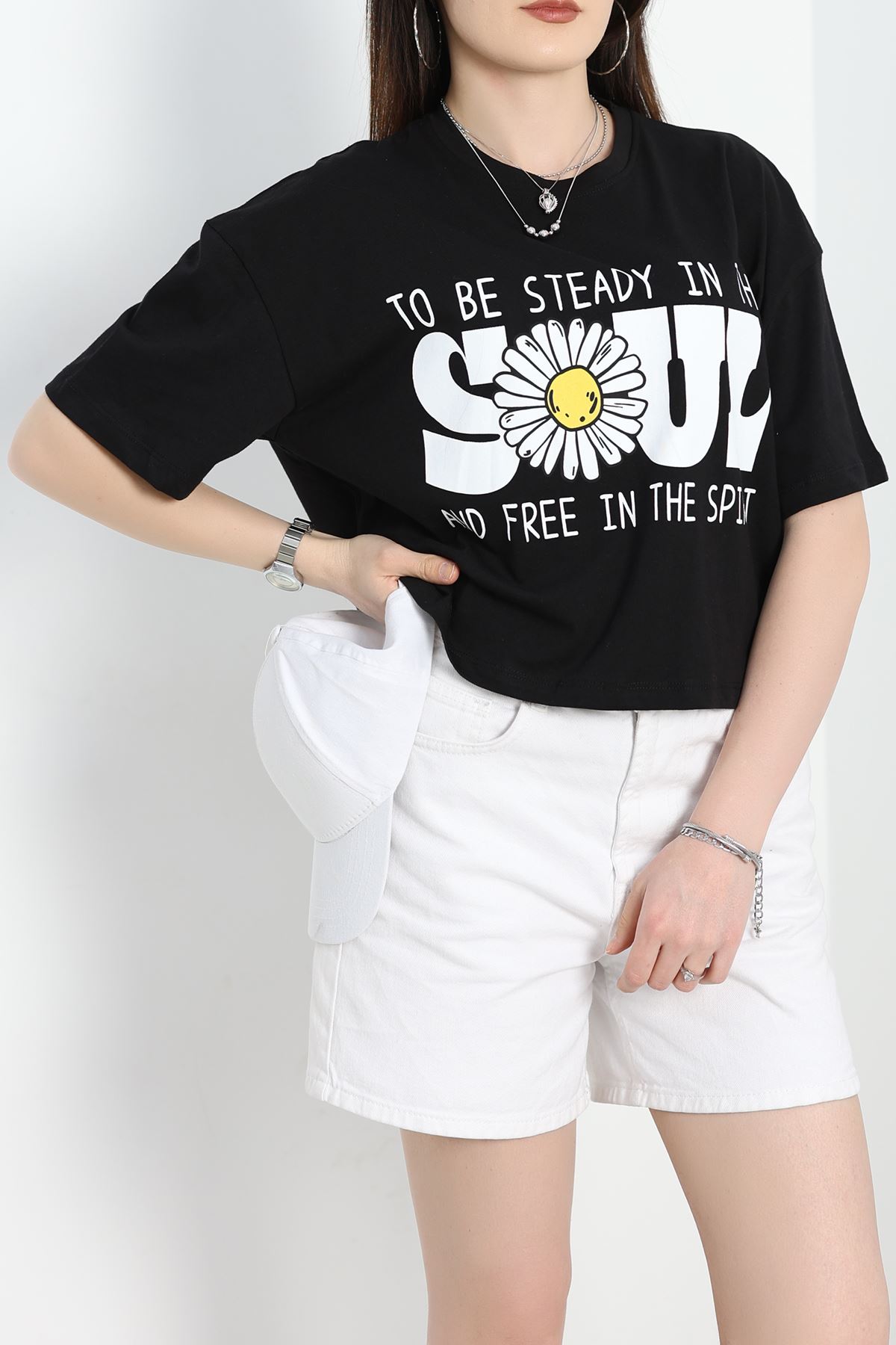 Baskılı Oversize Crop Tişört Siyahbeyaz - 30391.1872.