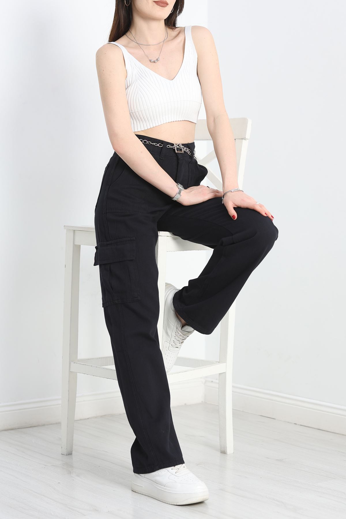 Kargo Cep Palazzo Kot Pantolon Siyah - 19305.1184.