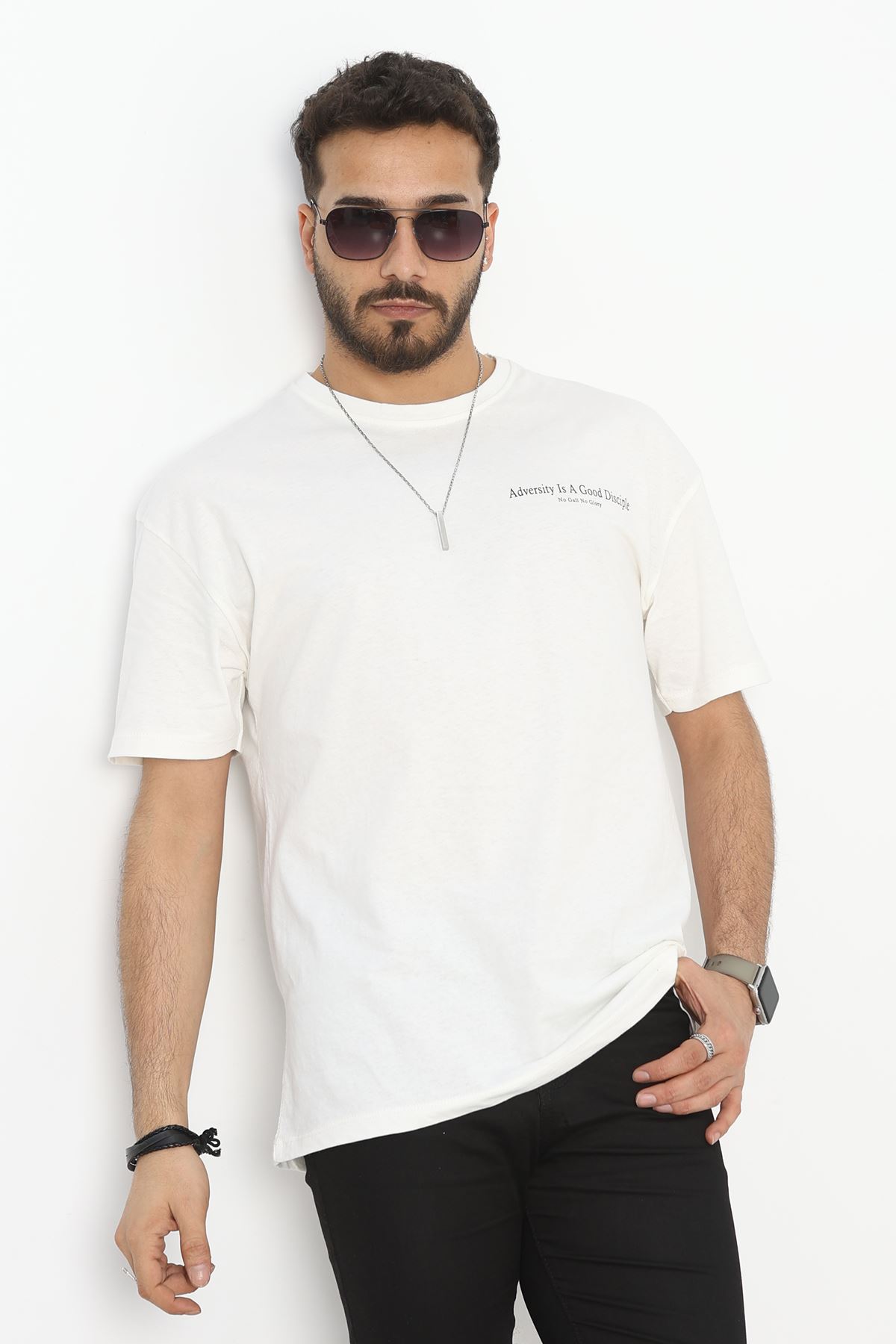 Baskılı Penye Erkek Tişört Kırıkbeyaz - 40801.1872.