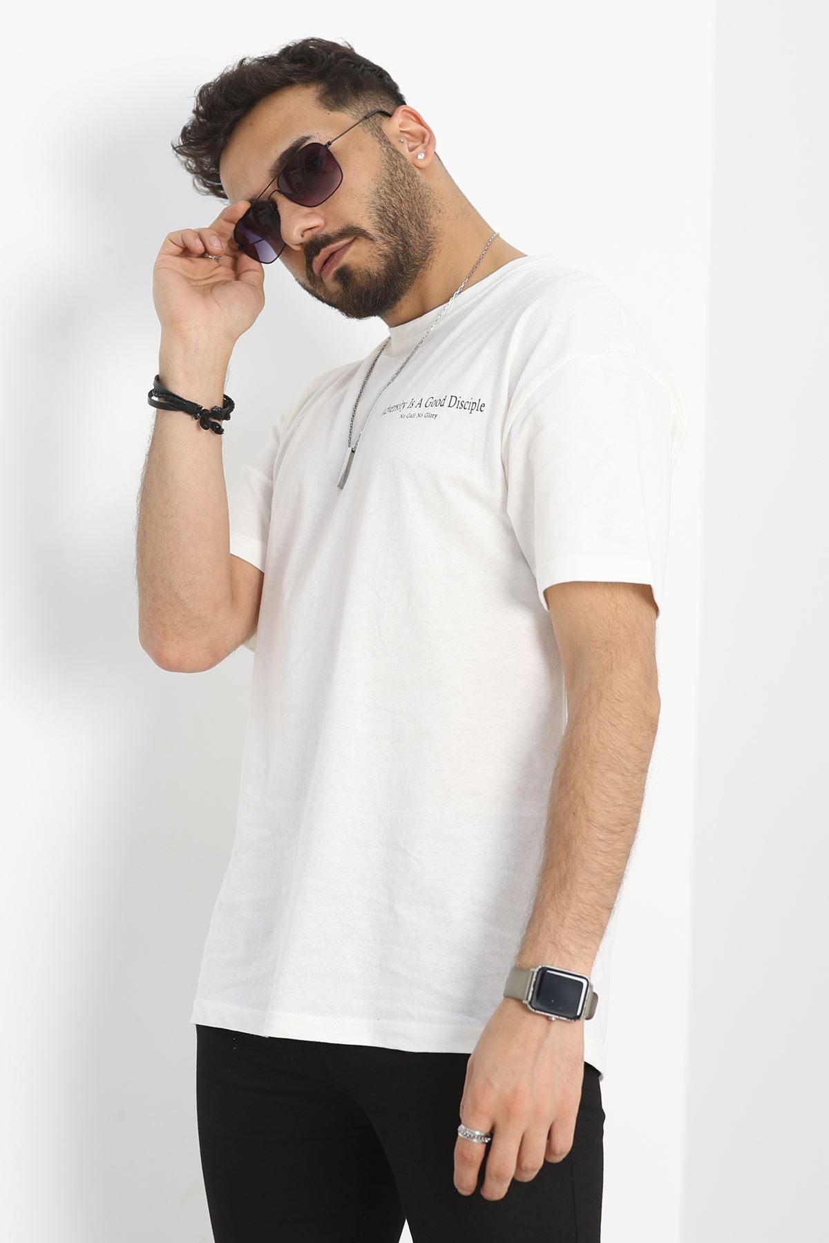 Baskılı Penye Erkek Tişört Kırıkbeyaz - 40801.1872.