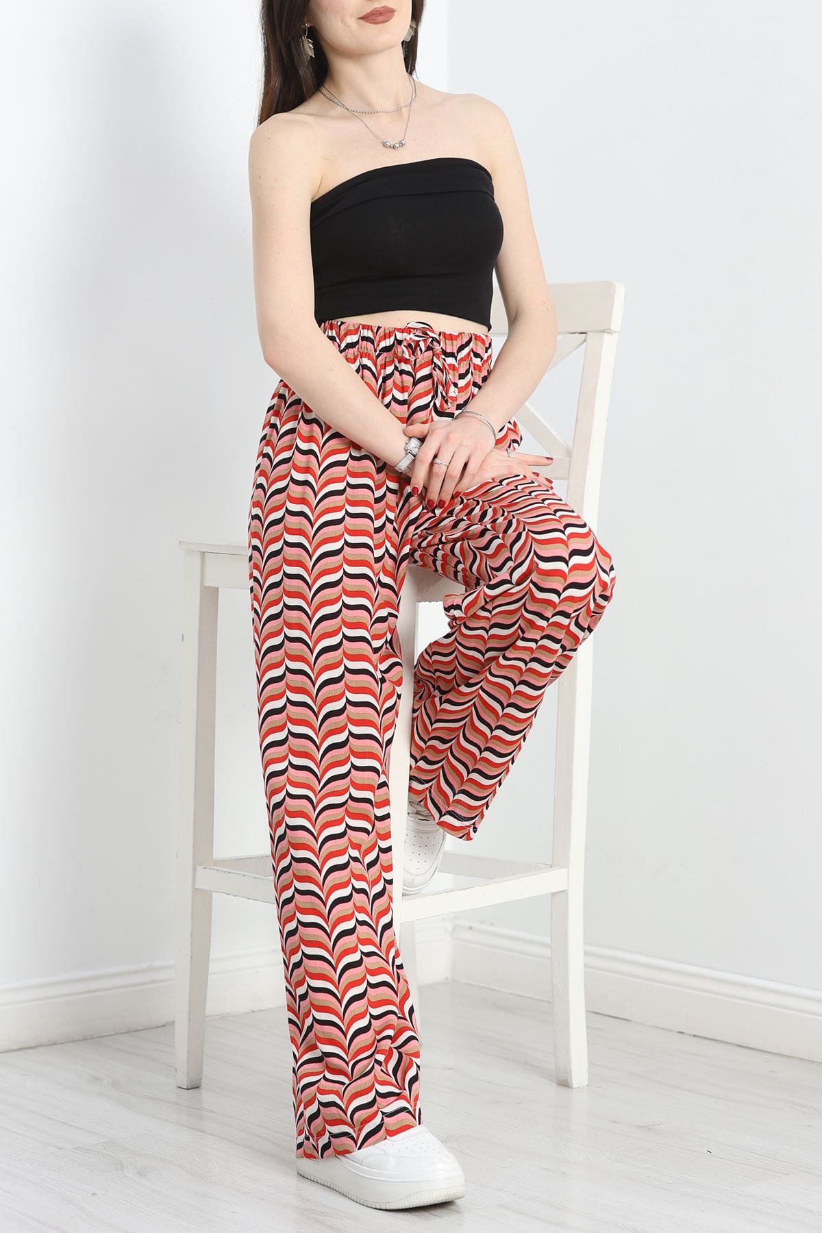 Desenli Viskon Pantolon Pembekırmızı - 40988.701.