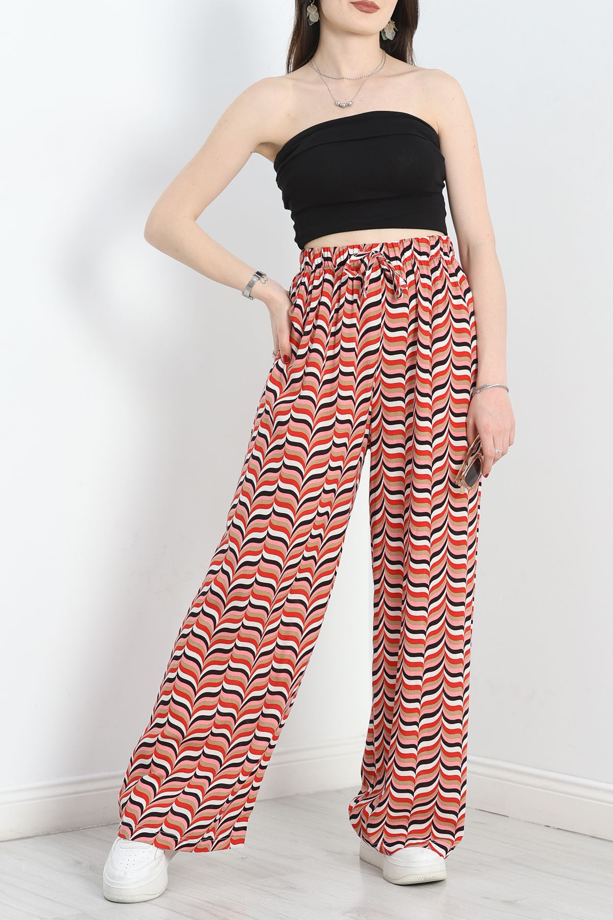 Desenli Viskon Pantolon Pembekırmızı - 40988.701.