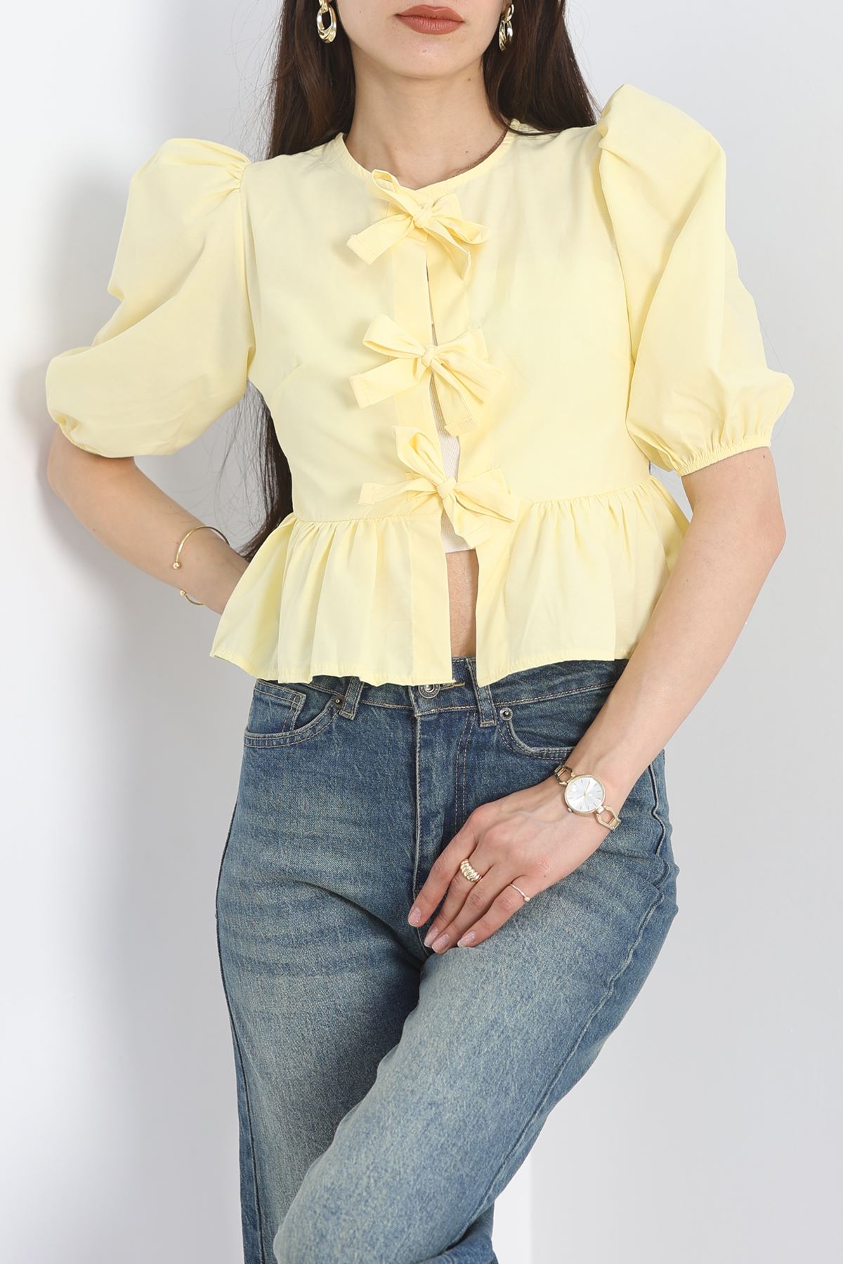 Kurdeleli Balon Kol Gömlek Sarı - 70126.1916.