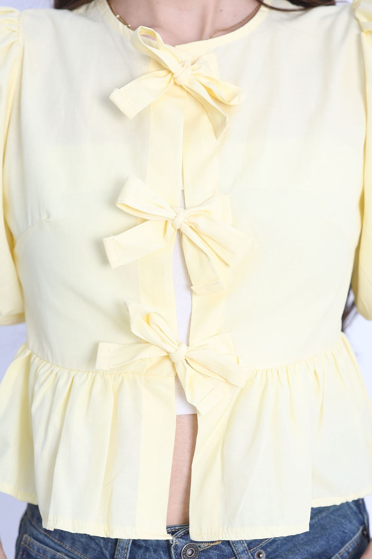 Kurdeleli Balon Kol Gömlek Sarı - 70126.1916.