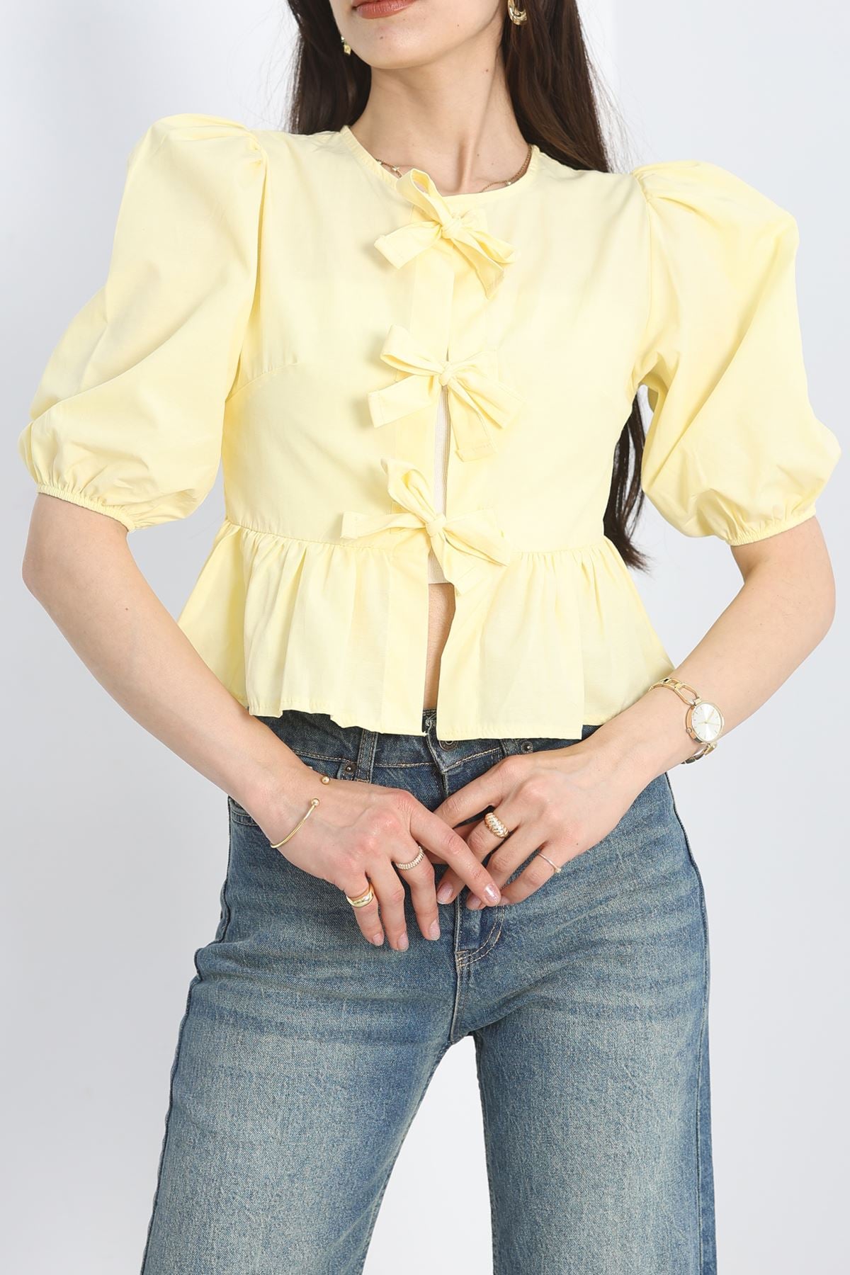 Kurdeleli Balon Kol Gömlek Sarı - 70126.1916.