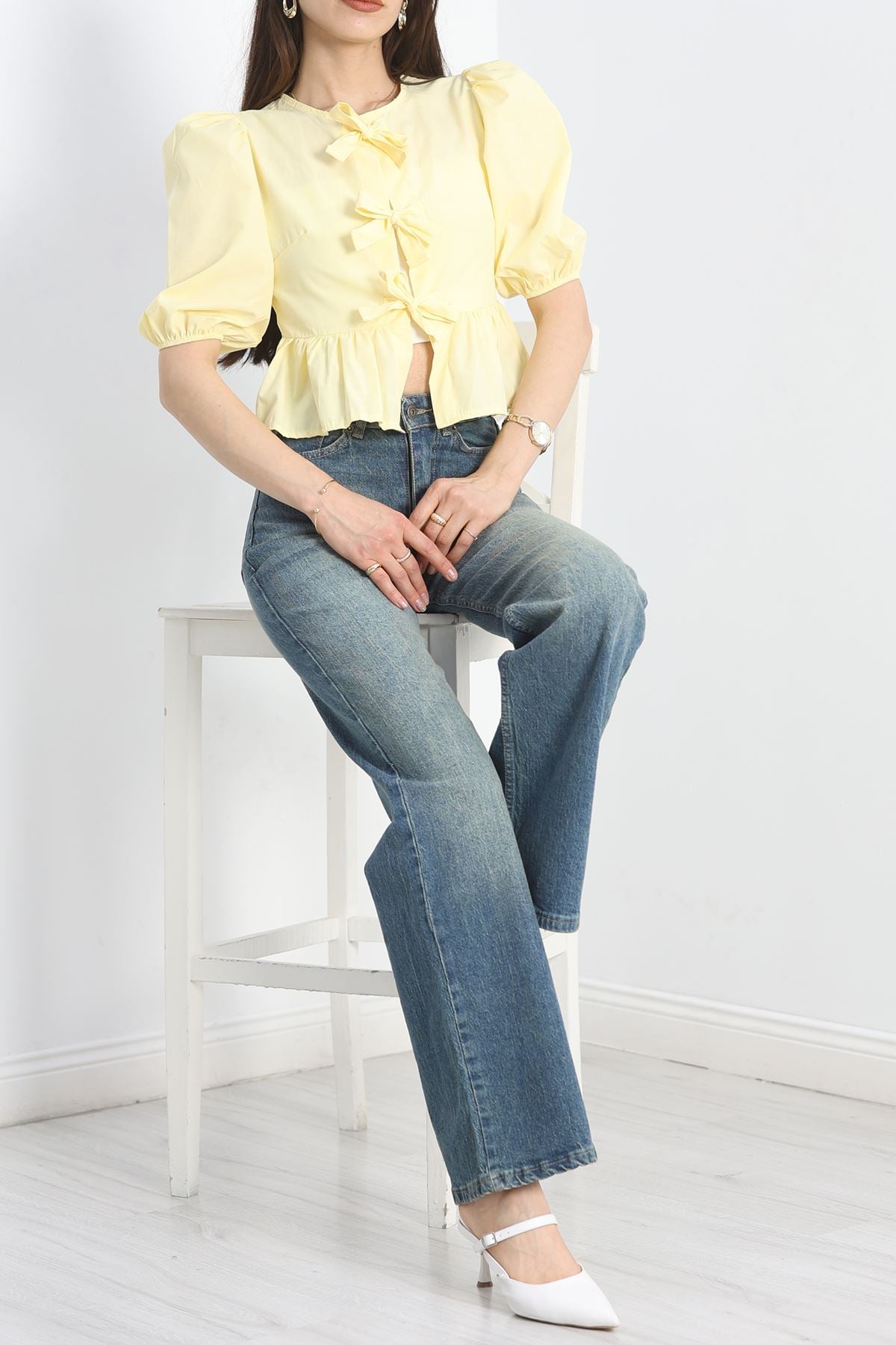 Kurdeleli Balon Kol Gömlek Sarı - 70126.1916.