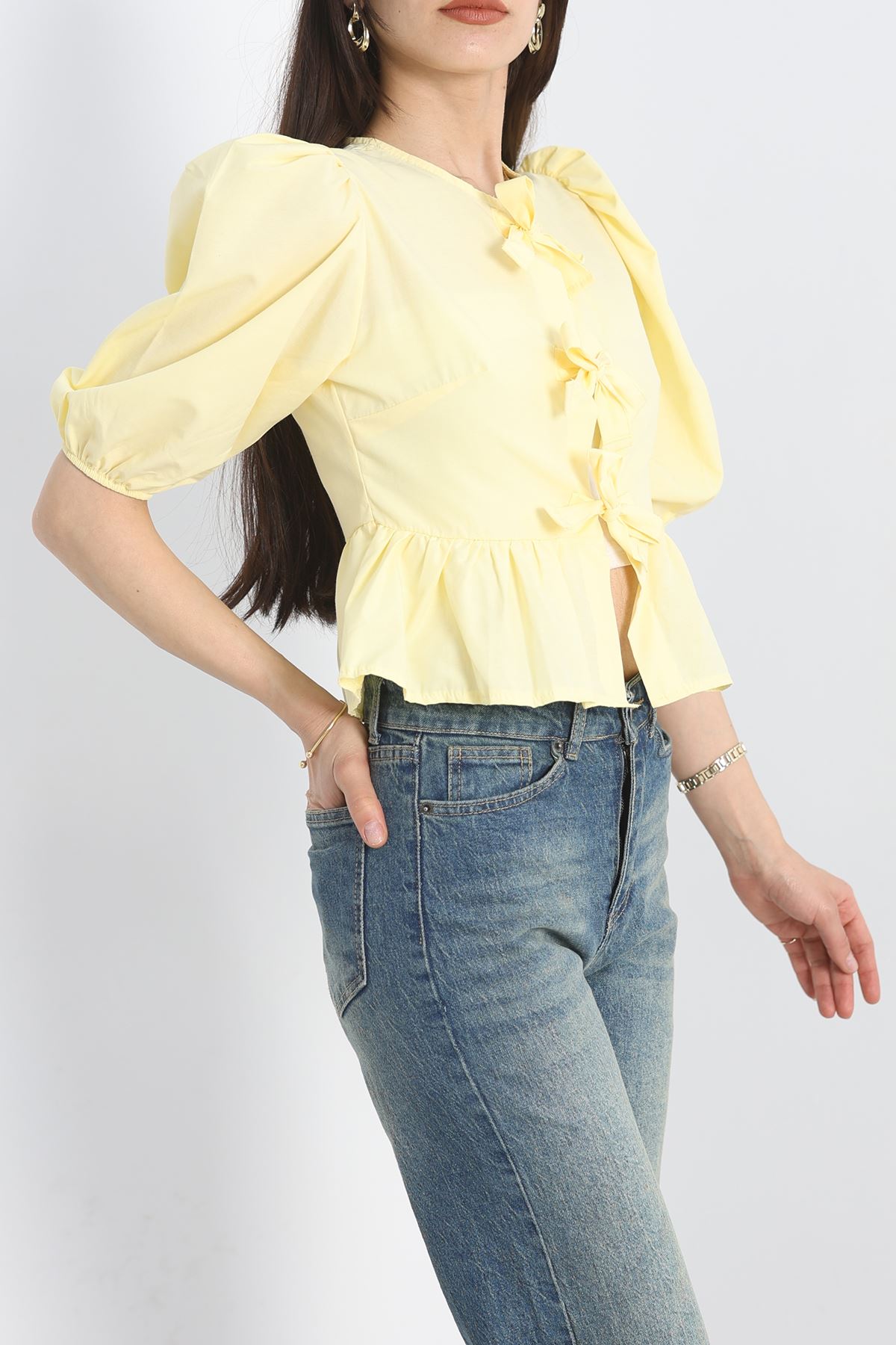 Kurdeleli Balon Kol Gömlek Sarı - 70126.1916.