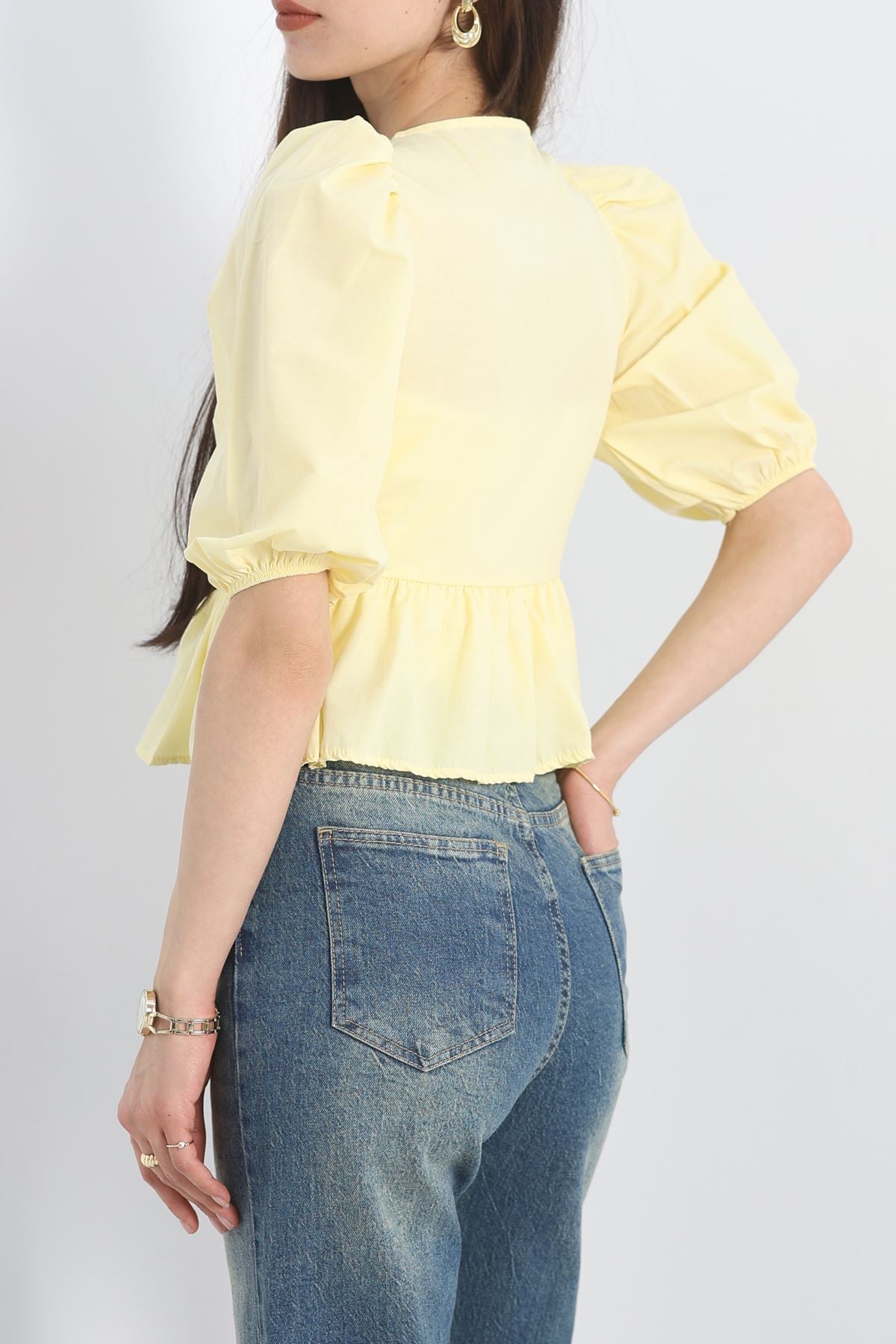 Kurdeleli Balon Kol Gömlek Sarı - 70126.1916.