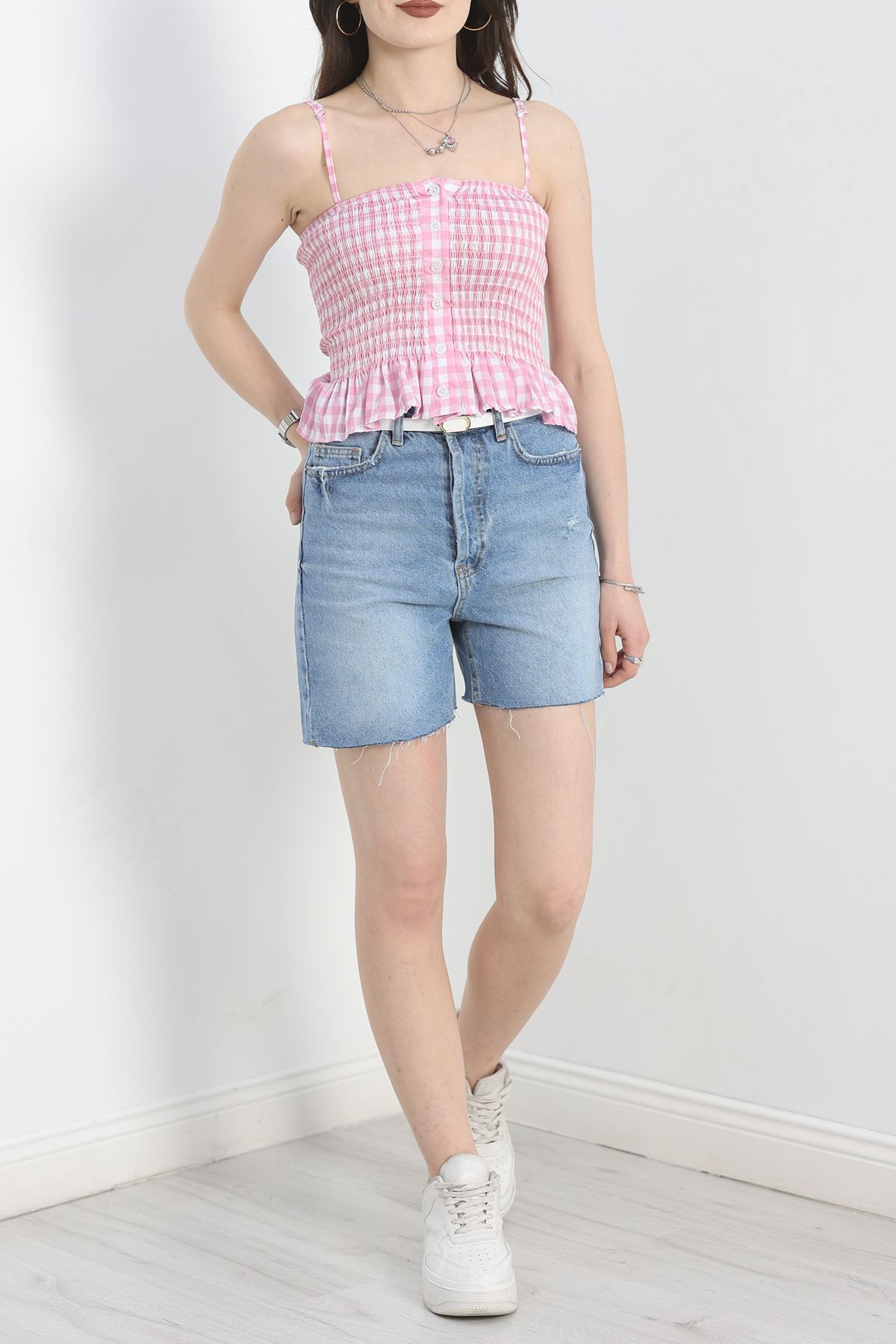 Askılı Düğmeli Bluz Pembe - 60008.148.