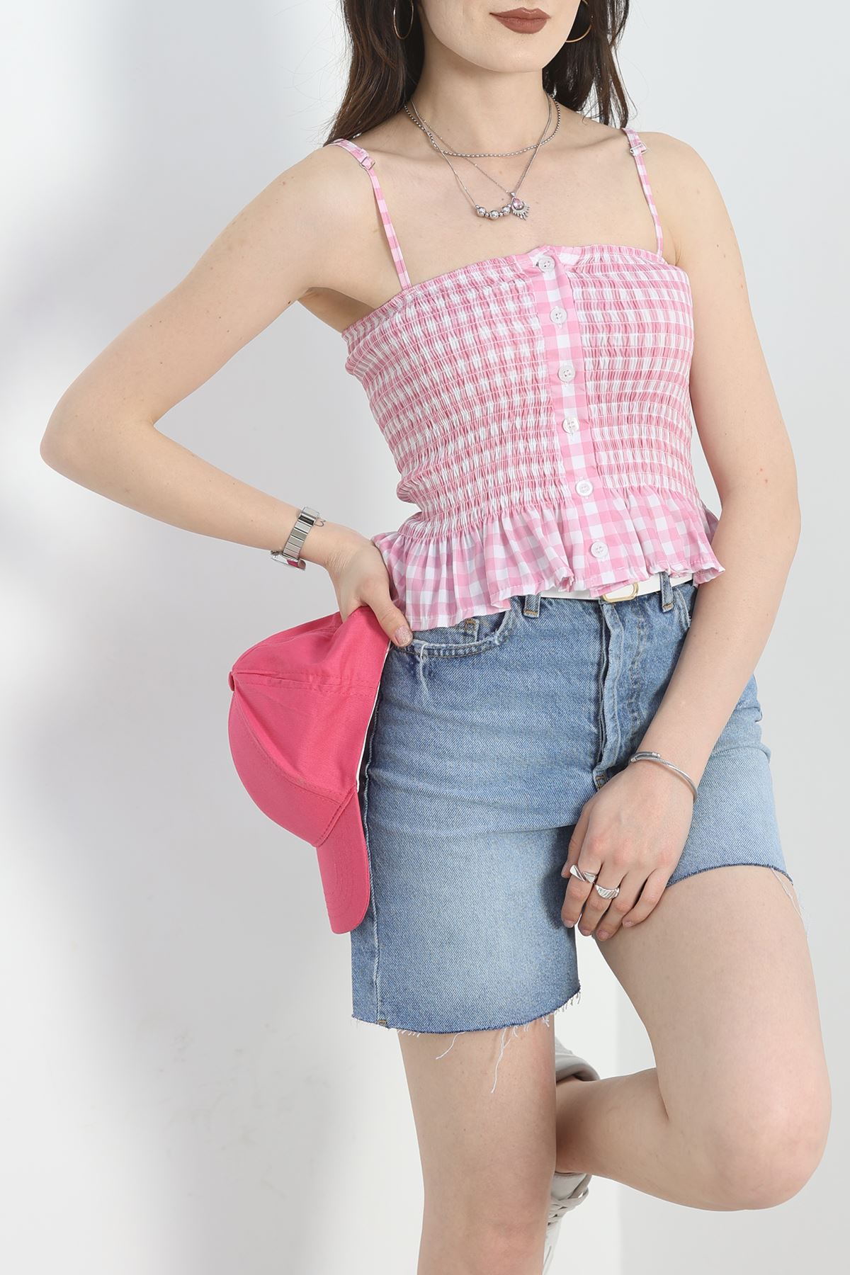 Askılı Düğmeli Bluz Pembe - 60008.148.