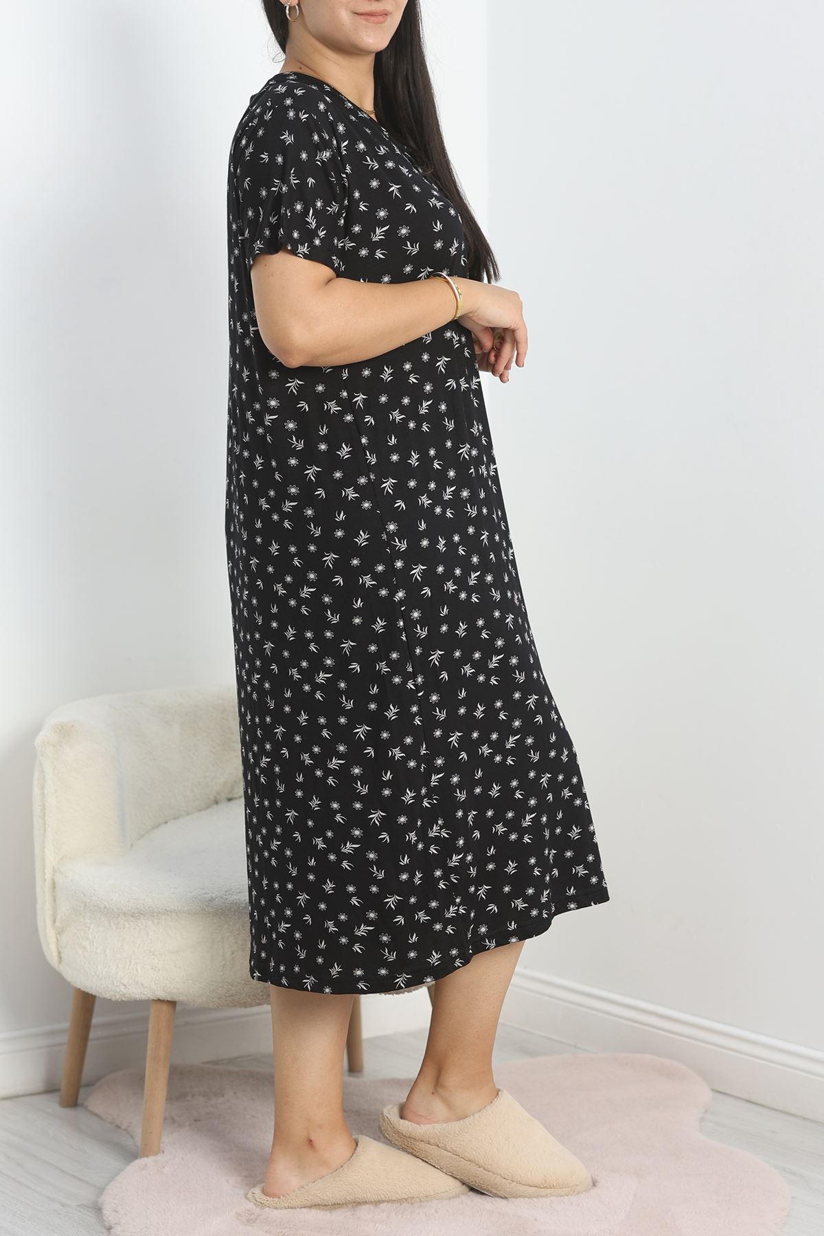 Büyük Beden Desenli Viskon Gecelik Elbise Siyahbeyaz - 70606.1048.