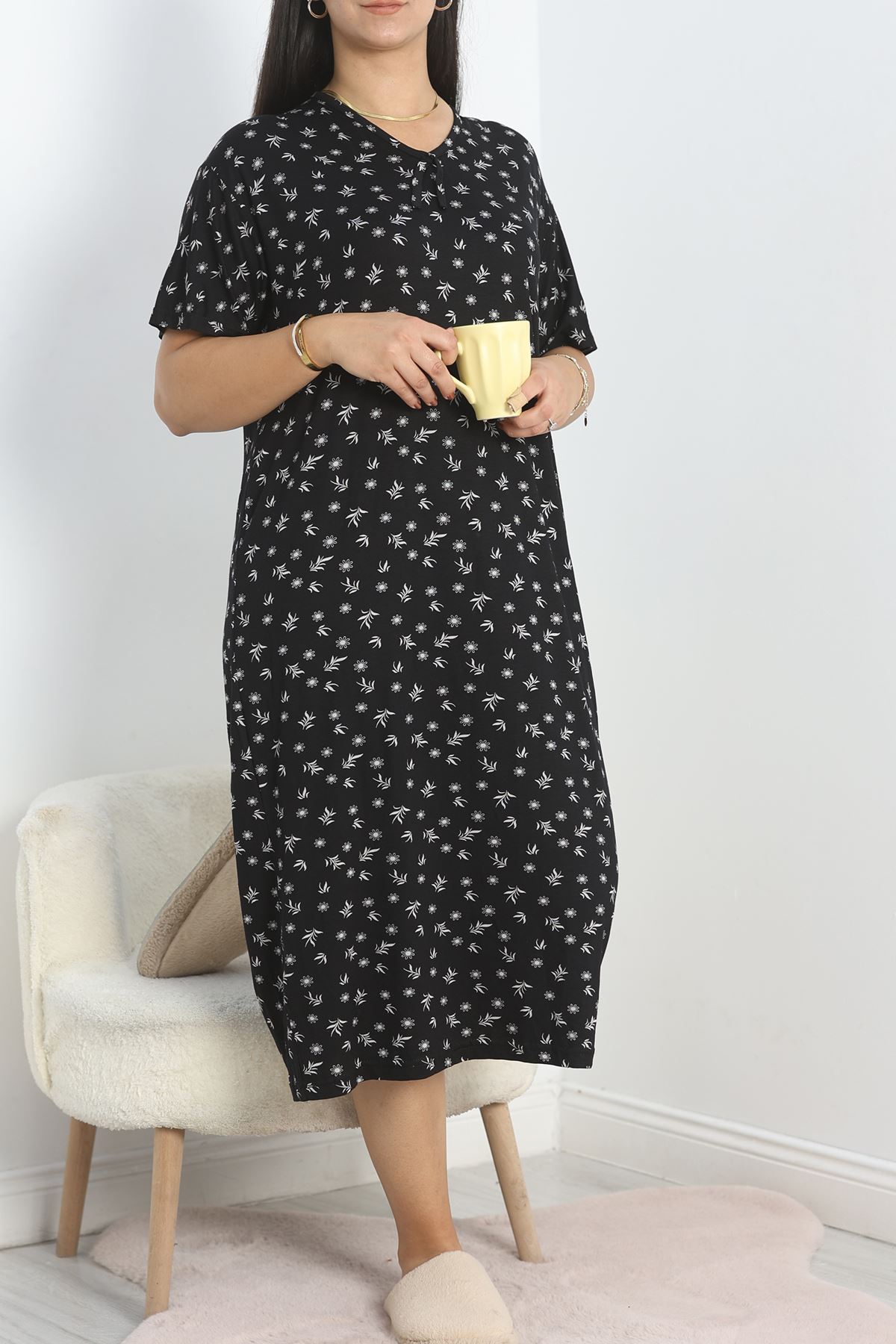 Büyük Beden Desenli Viskon Gecelik Elbise Siyahbeyaz - 70606.1048.