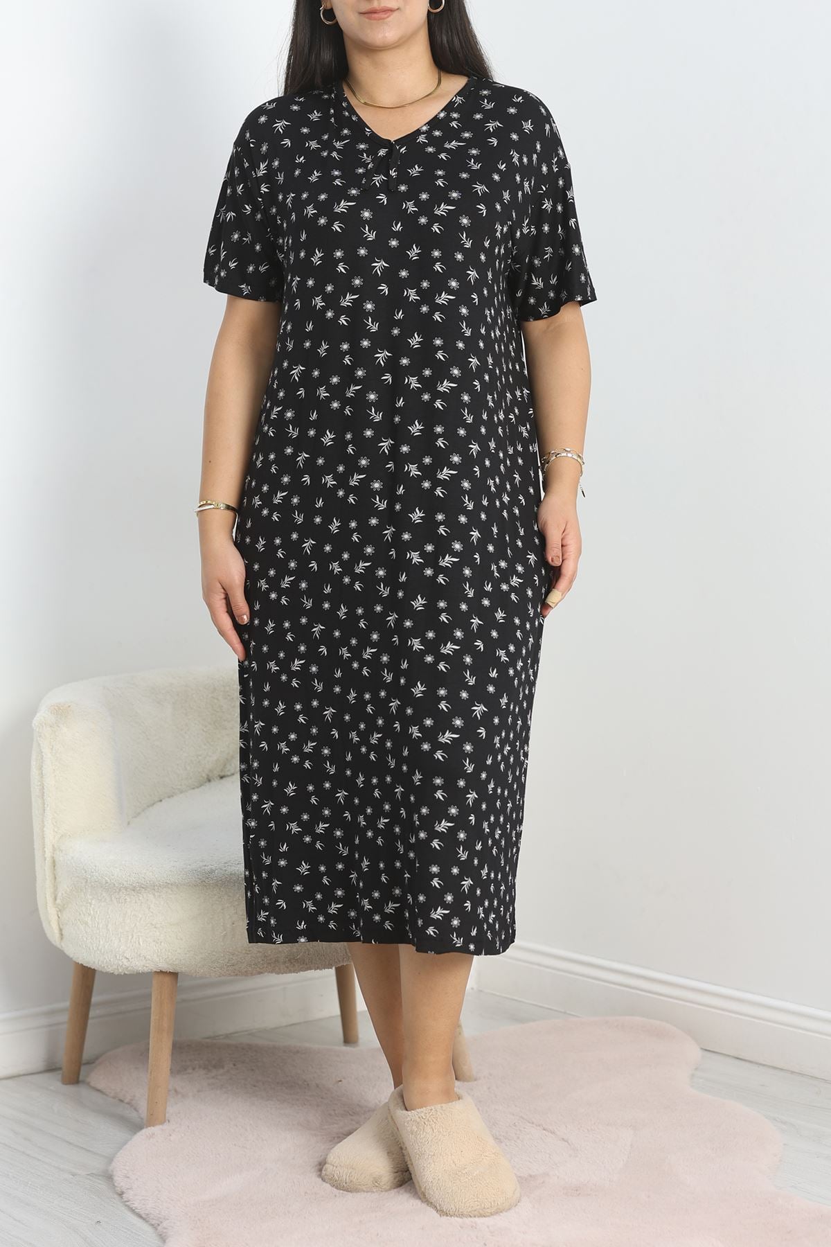 Büyük Beden Desenli Viskon Gecelik Elbise Siyahbeyaz - 70606.1048.